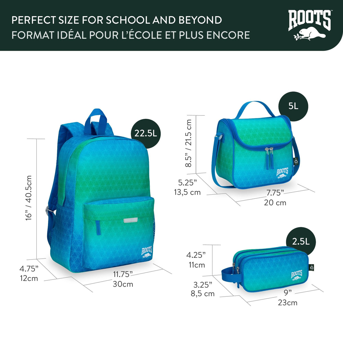 Roots Essential Kids 3-in-1 Backpack Set, Green, 22.5L