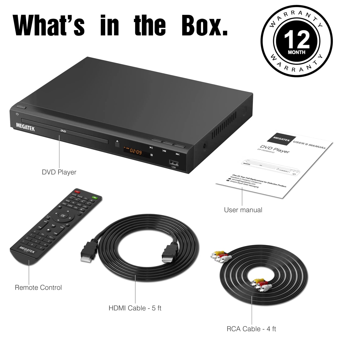 MEGATEK Region-Free HDMI DVD Player for TV, Compact CD/DVD Player with USB Port, Plays All Region DVDs & Multi Formats, Metal Housing, HDMI/RCA Cables & Remote Included
