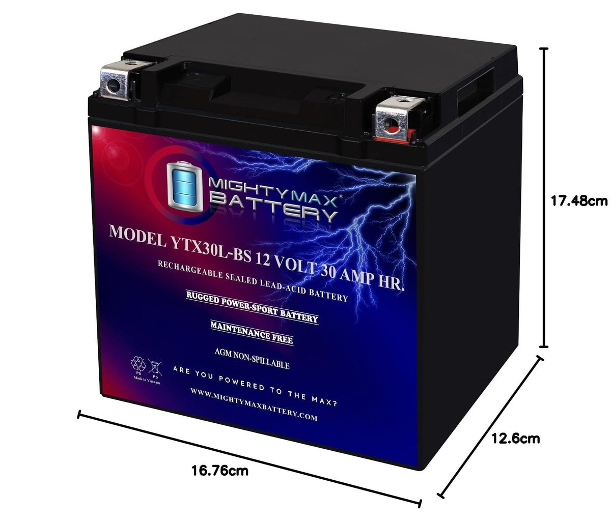 Mighty Max Battery YTX30L-BS -12 Volt 30 AH, 385 CCA, Rechargeable Maintenance Free SLA AGM Motorcycle Battery