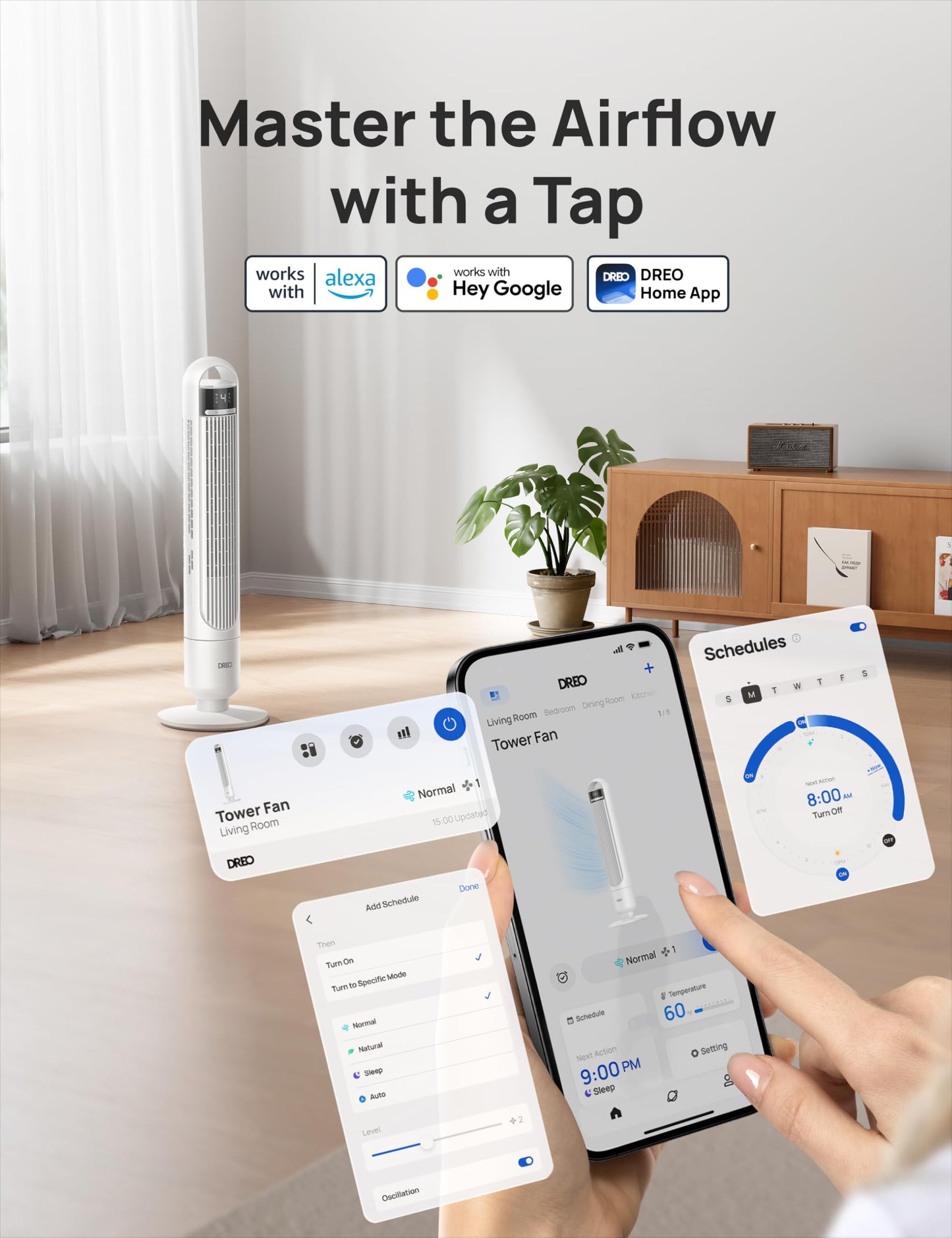 DREO Smart Tower Fan for Bedroom, 90ยฐ Oscillating Standing Fans for Room with 4 Speeds, 4 Modes, 25dB Quiet for Sleep, 25ft/s Velocity, 8H Timer, Remote/App/Voice Control for Living Room, Office, Home
