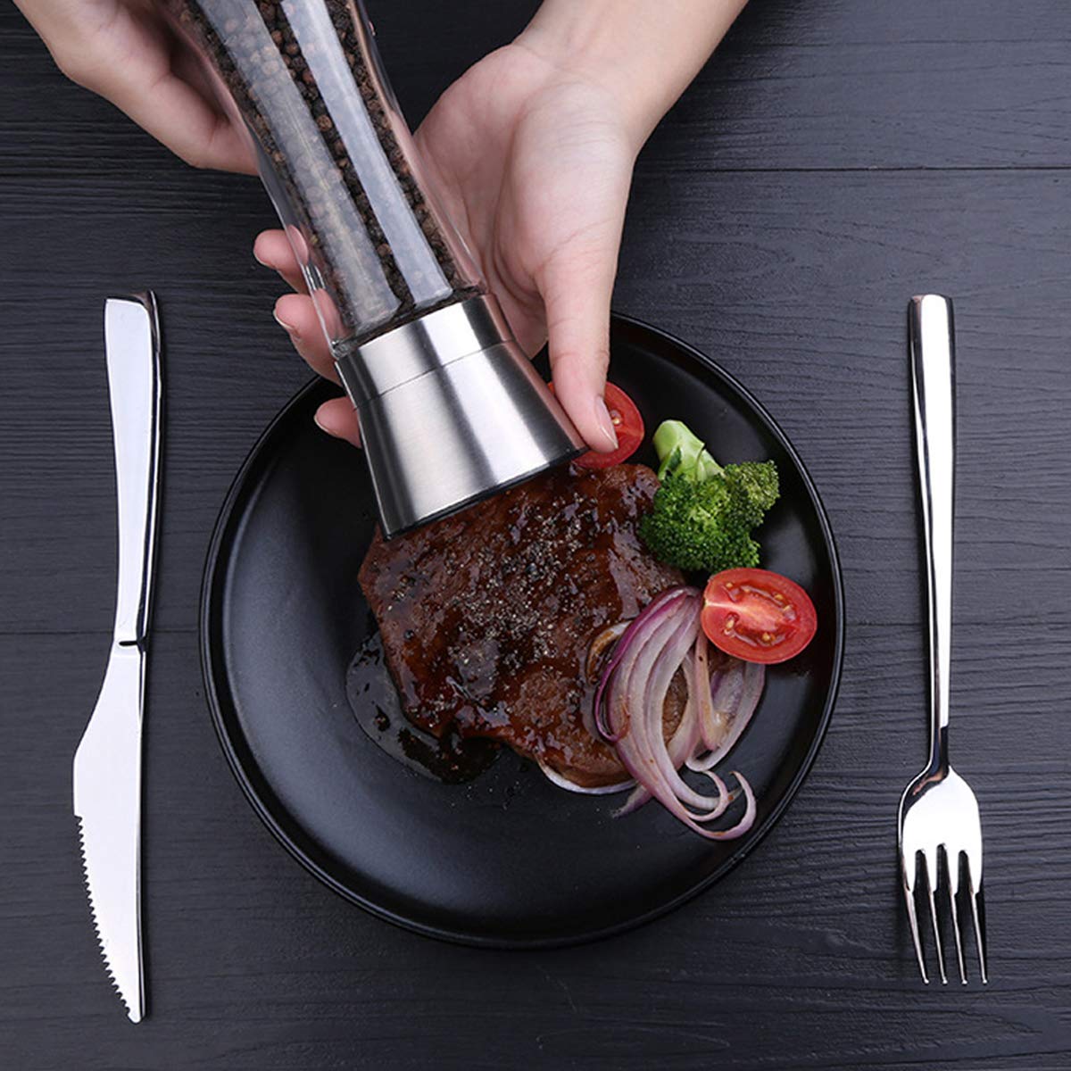 Pepper Grinder or Salt Grinder, Best Spice Mill with Ceramic Blades, Adjustable Coarseness, Brushed Stainless Steel Cap, and Refillable Tall Glass Body with 6OZ Capacity (7.5") - Available at All In One Marketplace Canada