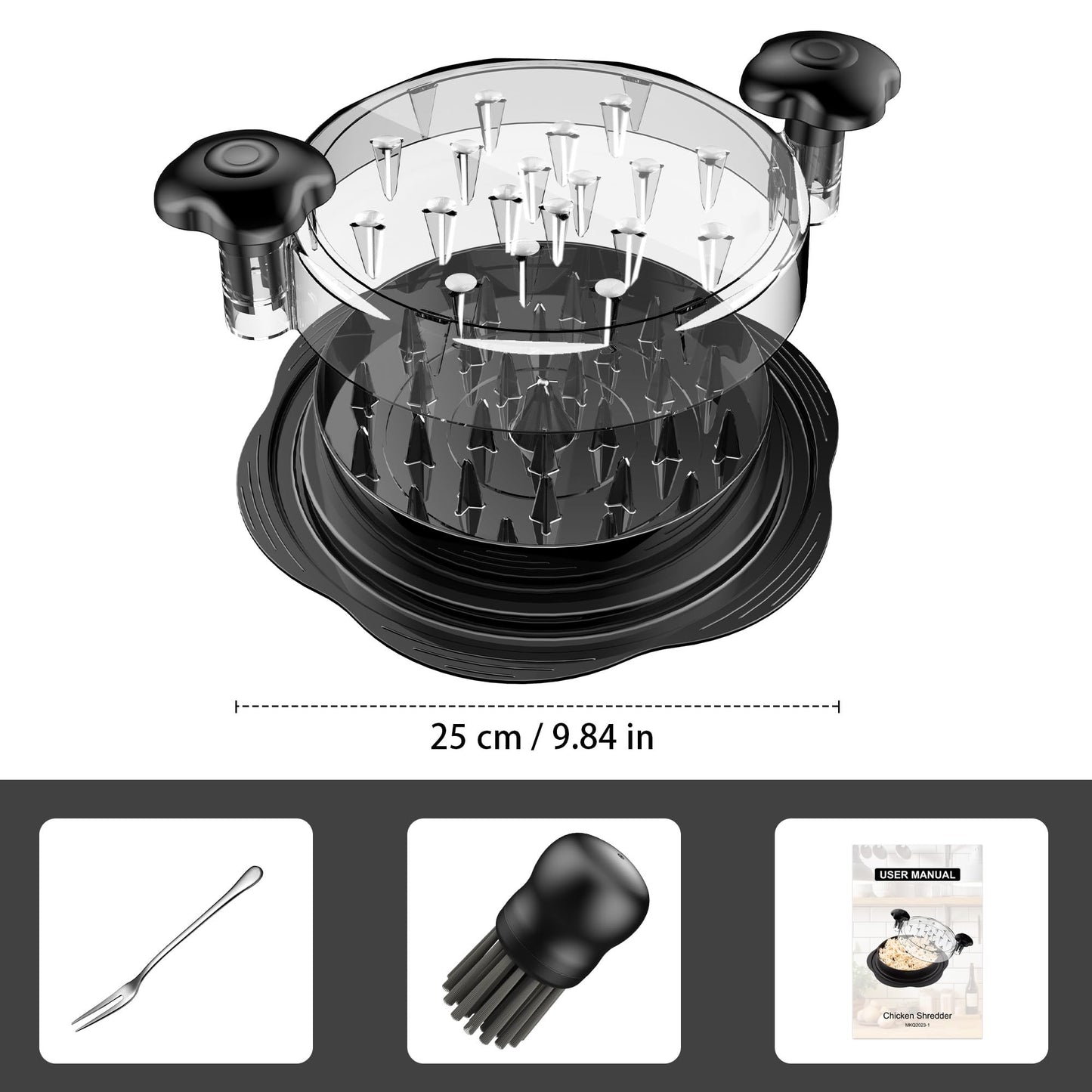 Chicken Shredder Tool Twist Large Chicken Breast Shredder with Brush&Fork, Visible Meat Shredder Machine, Strong Anti-Slip Strip, Ergonomic Handle, BPA Free, Suitable for Pork Beef Chicken (Black) - Available at All In One Marketplace Canada
