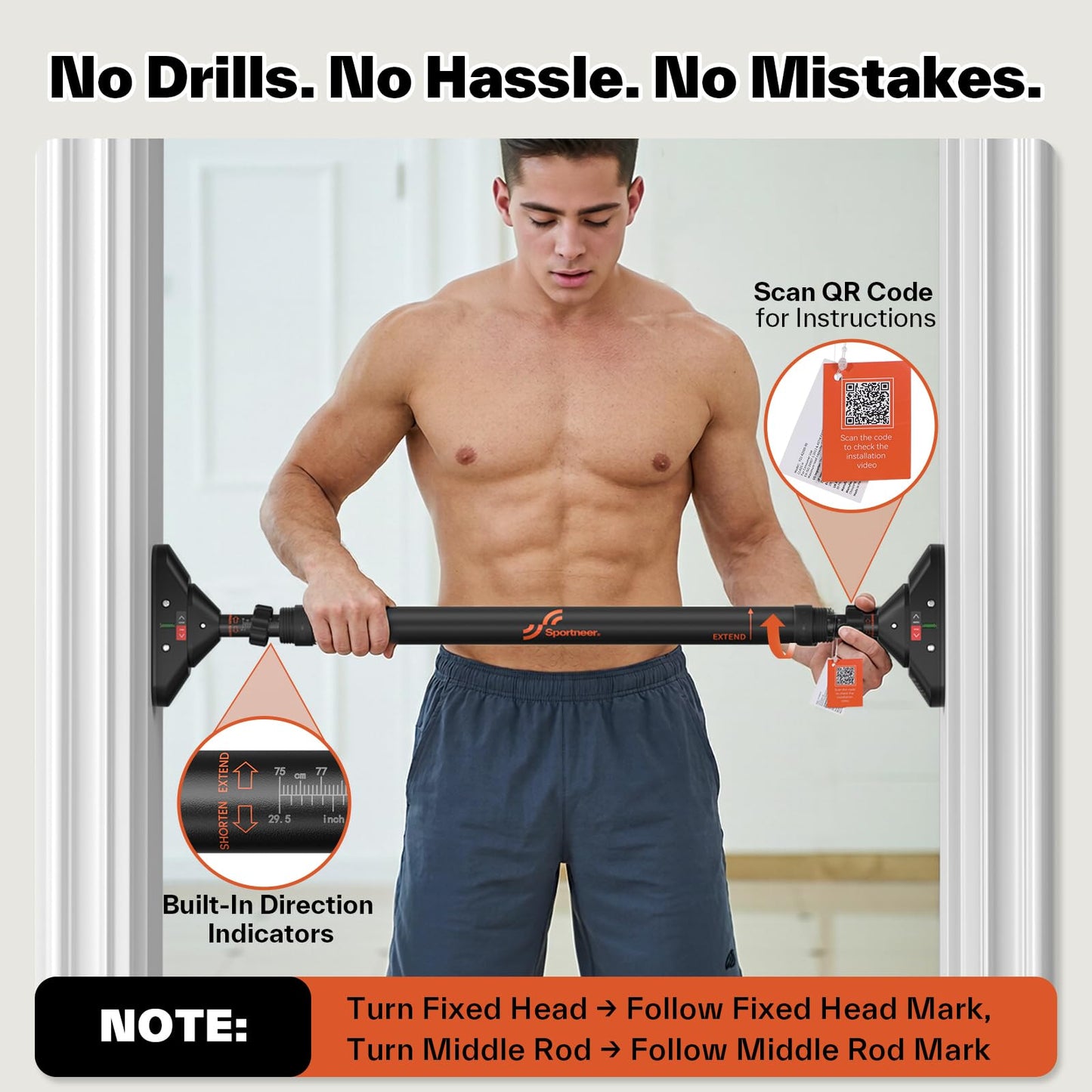 Sportneer Pull Up Bar Doorway Chin Up Bar No Screws Door Frame Chin Up Push Up Sit Up Bar Adjustable 75-94cm (29.5''-37'') Up to 200kg Capacity Workout Bar - Available at All In One Marketplace Canada