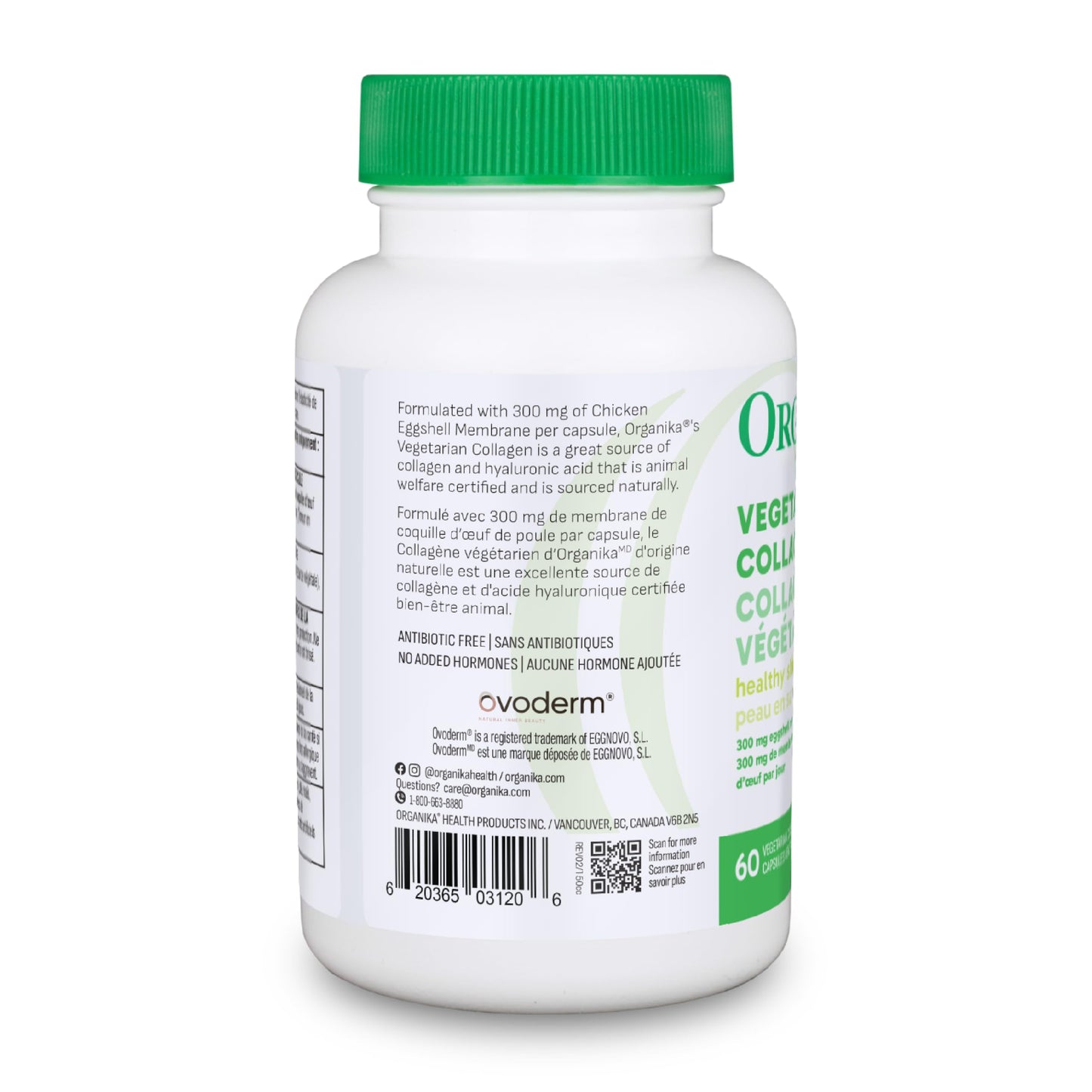 Organika Canadian-Made Vegetarian Collagen - Sourced From Natural Eggshell Membrane | For Healthier Skin, Hair, Nails and Joints - 60vcaps Organika