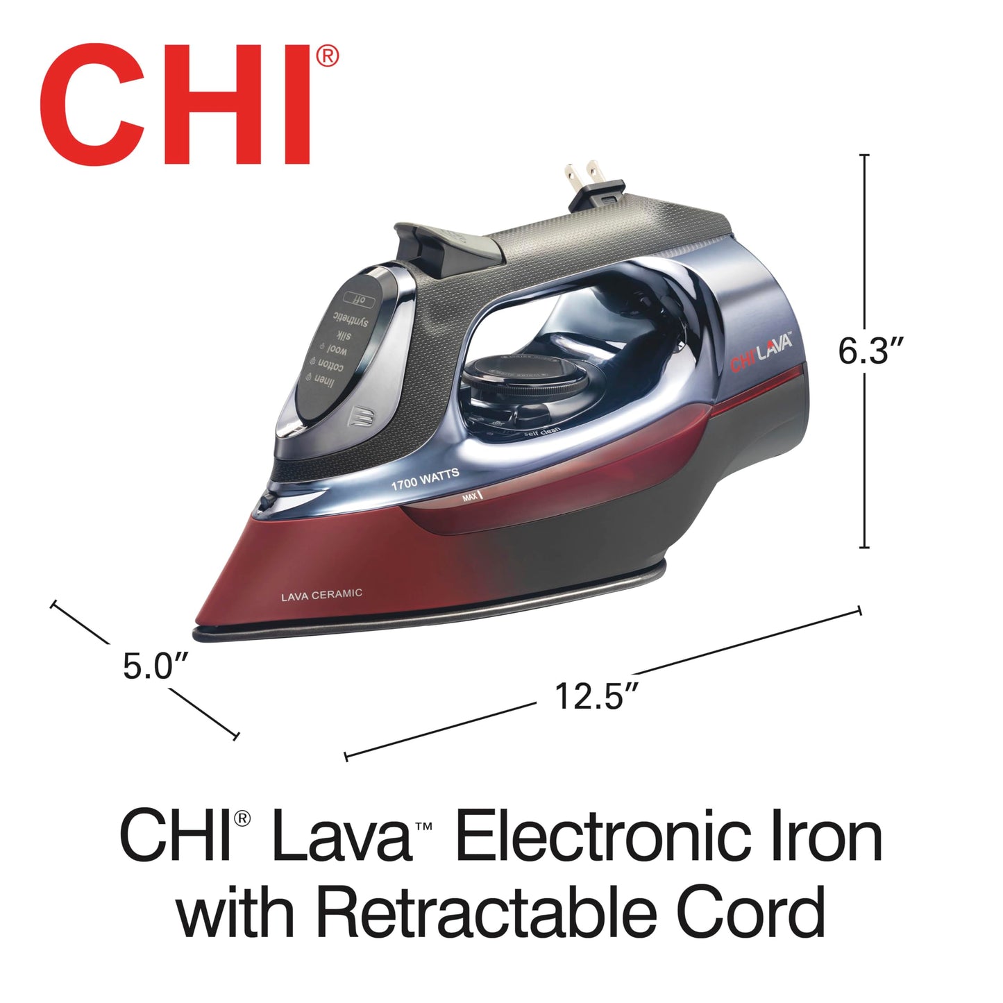 CHI Steam Iron for Clothes with 8’ Retractable Cord, 1700 Watts, 3-Way Auto Shutoff, 400+ Holes, Professional Grade, Temperature Control Dial, Lava Infused Ceramic Soleplate, Black (13113) CHI