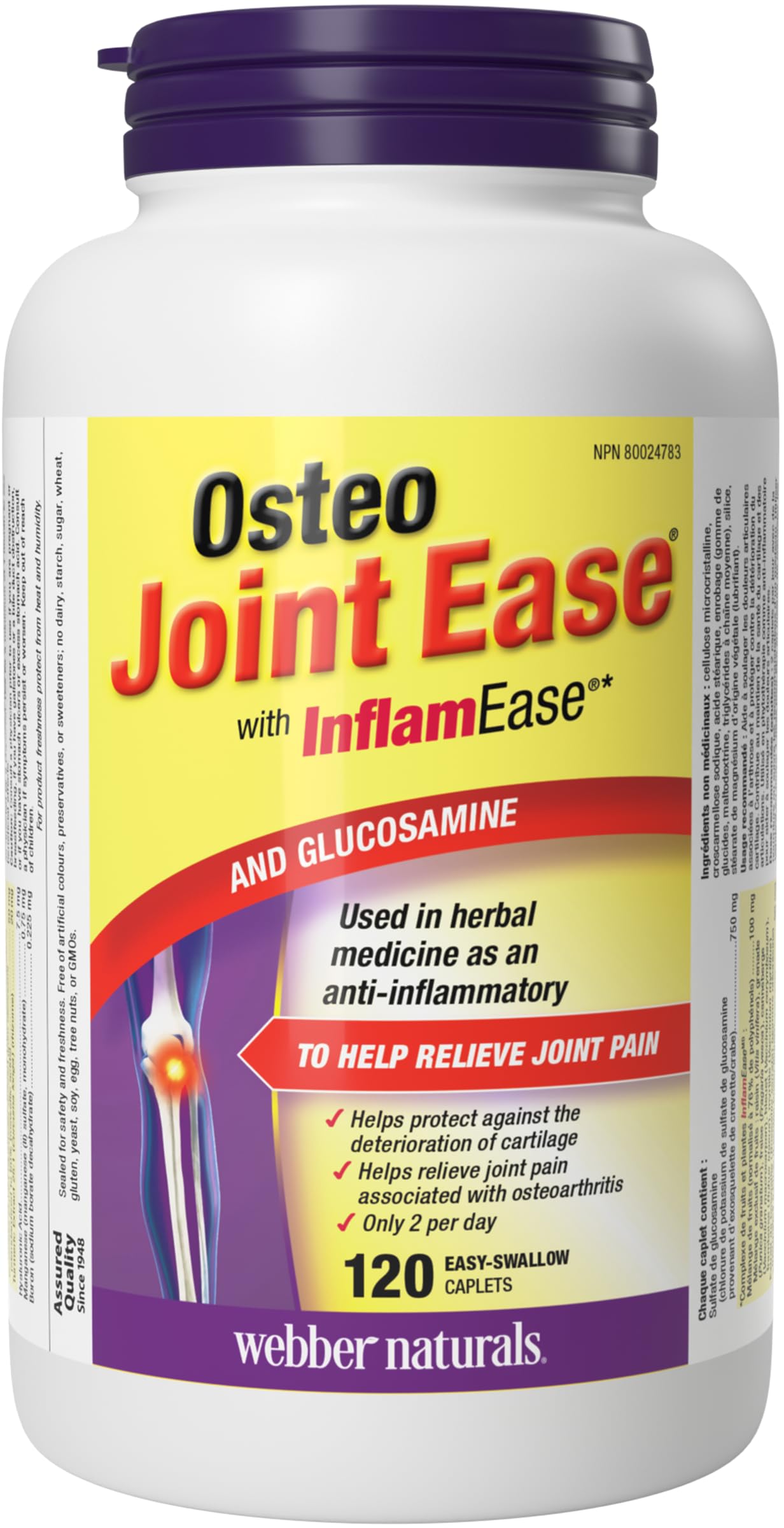 Webber Naturals Osteo Joint Ease with InflamEase and Glucosamine, Helps Ease Joint Pain Associated with Osteoarthritis, 120 Caplets Webber Naturals