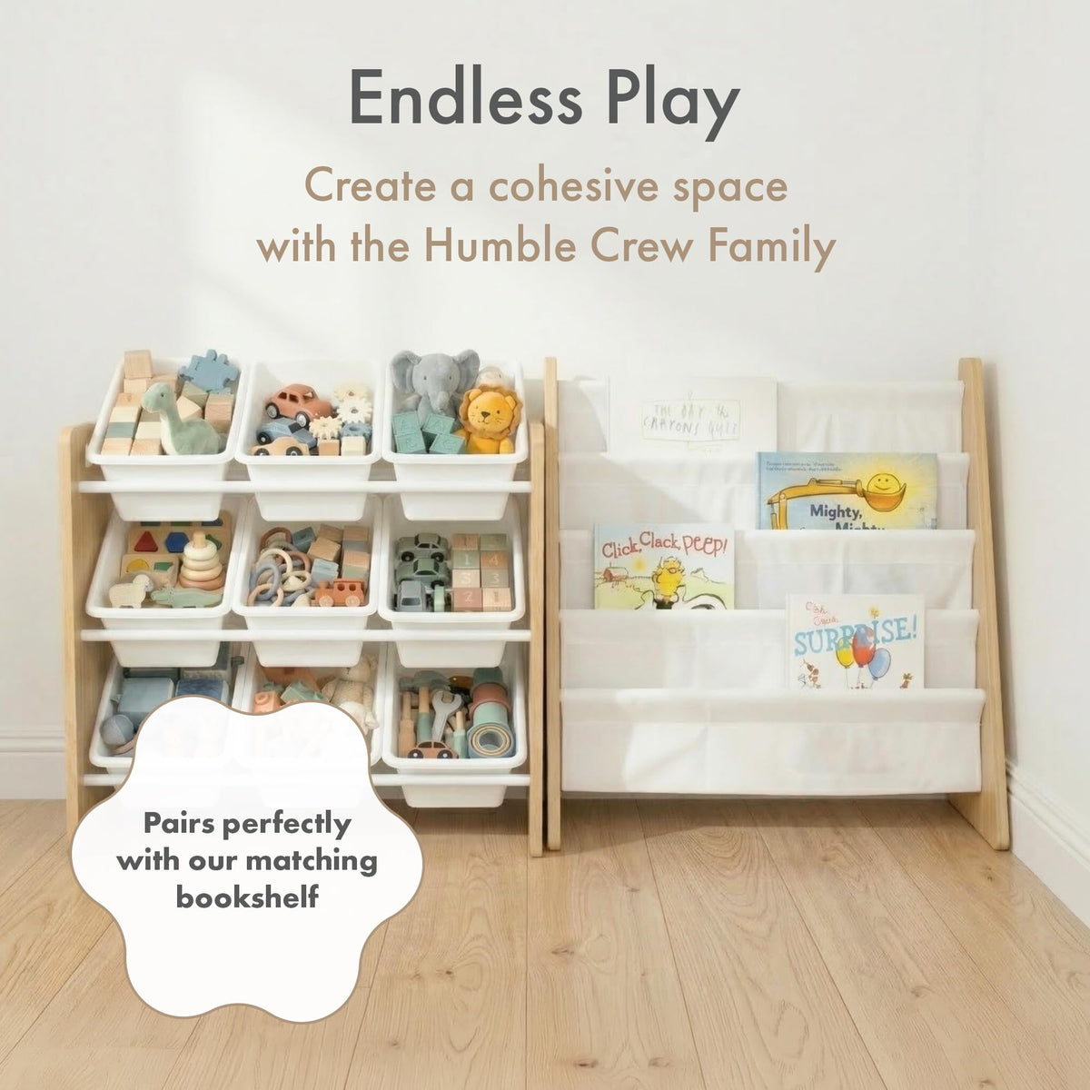 Humble Crew 9-Bin Toy Organizer – Journey Natural Wood with White Plastic Bins, 3-Tier Storage Solution for Kids' Playrooms and Nurseries