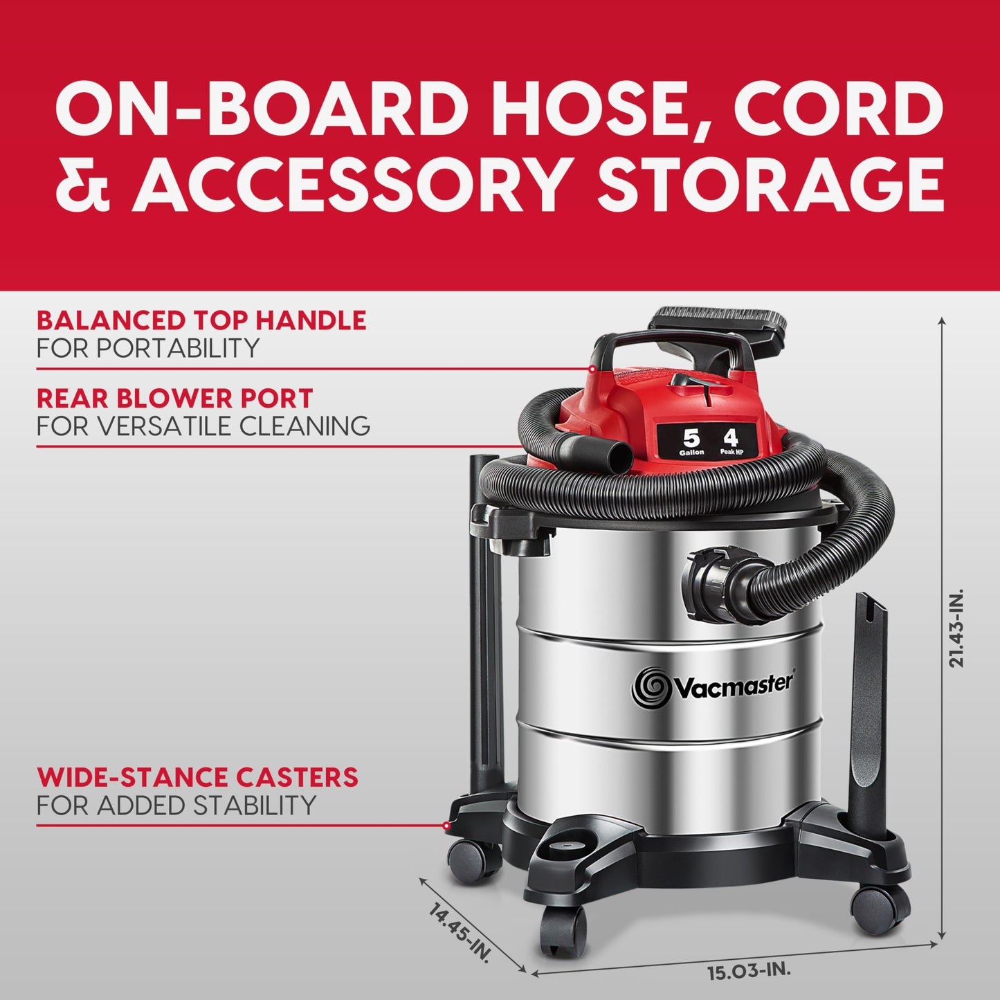 Vacmaster VOC508S 1101 5-Gal 4 Peak HP Stainless Steel Wet/Dry Vac Red 🍁 All In One Marketplace Canada