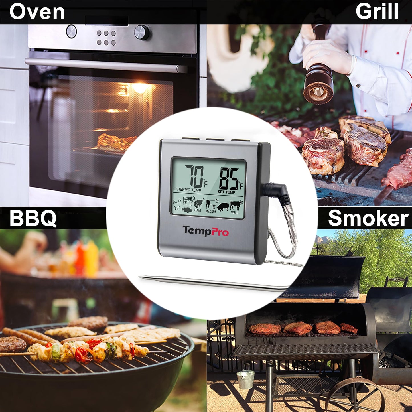 ThermoPro TP-16 Meat Thermometer with Stainless Steel Probe for Indoor Outdoor Use, Digital Cooking Thermometer for Grill, Barbecue, Oven, Smoker, Candy - Available at All In One Marketplace Canada