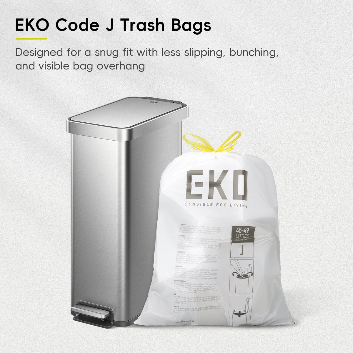 EKO Hudson Slim 50L / 13.2 Gallon Kitchen Trash Can with Lid, Stainless Steel Step Garbage Can for Kitchen or Home, Space-Saving Garbage Can with Soft Close Lid, Stay-Open, Liner Ring, Handle