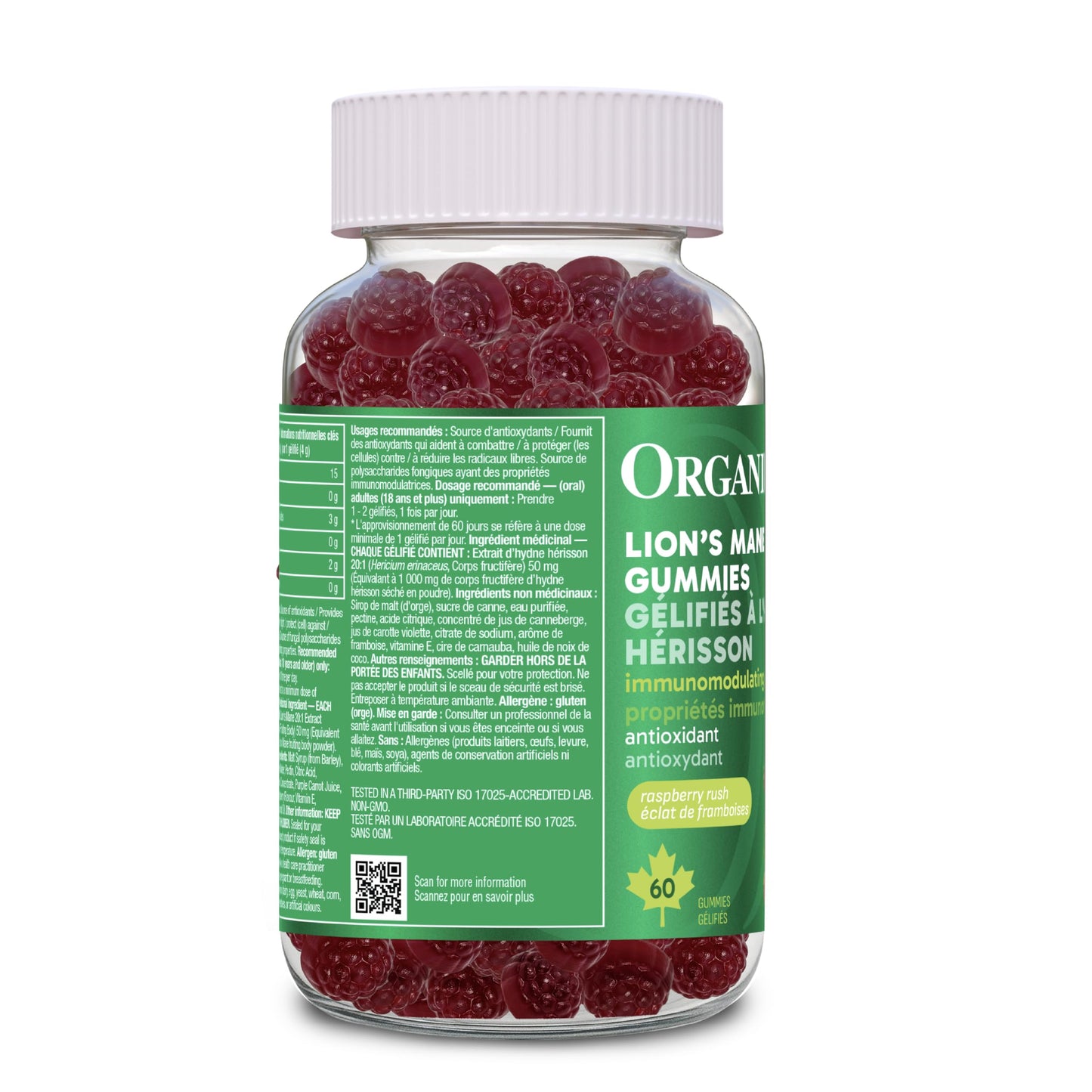 Organika Lion’s Mane Mushroom Gummies – 2000 mg Equivalent per Serving | Brain & Immune Support | Antioxidant Mushroom Supplement | Raspberry Flavour- 60 gummies Organika