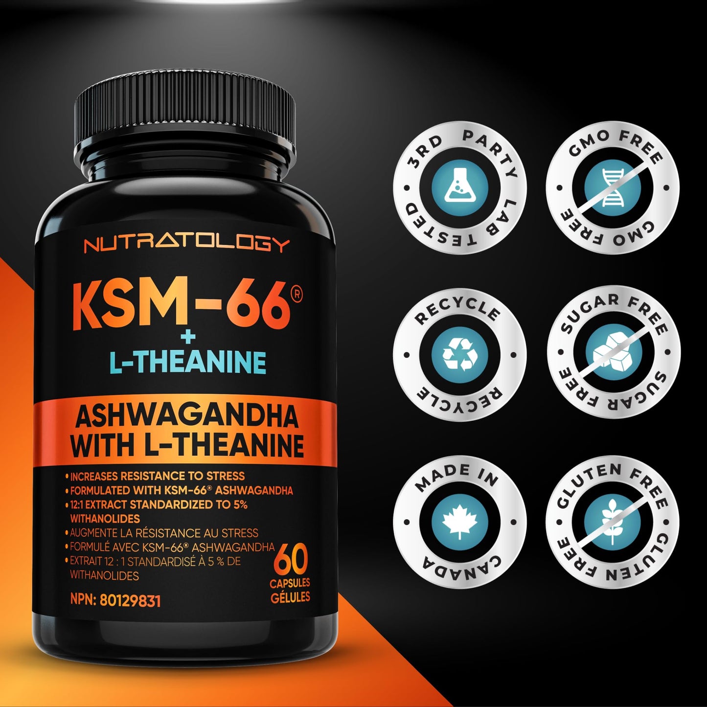Nutratology® Ashwagandha KSM-66 7200MG + L-Theanine 100MG - Made In Canada | Stress Relief Supplements - Relaxation & Mood Support - Formulated With Bioperine For Enhanced Absorption - 60 Capsules - Available at All In One Marketplace Canada