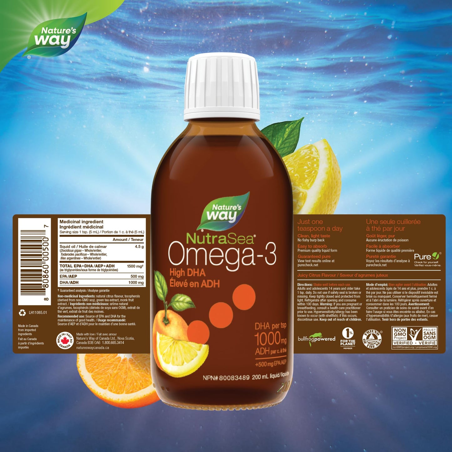 Nature's Way NutraSea High DHA Omega 3 Fish Oil Liquid Supplement for Adults and Kids Ages 14+ – Juicy Citrus Flavour, Non-GMO – Brain & Cognitive Support – 1500mg EPA & DHA, 200 mL Nature's Way
