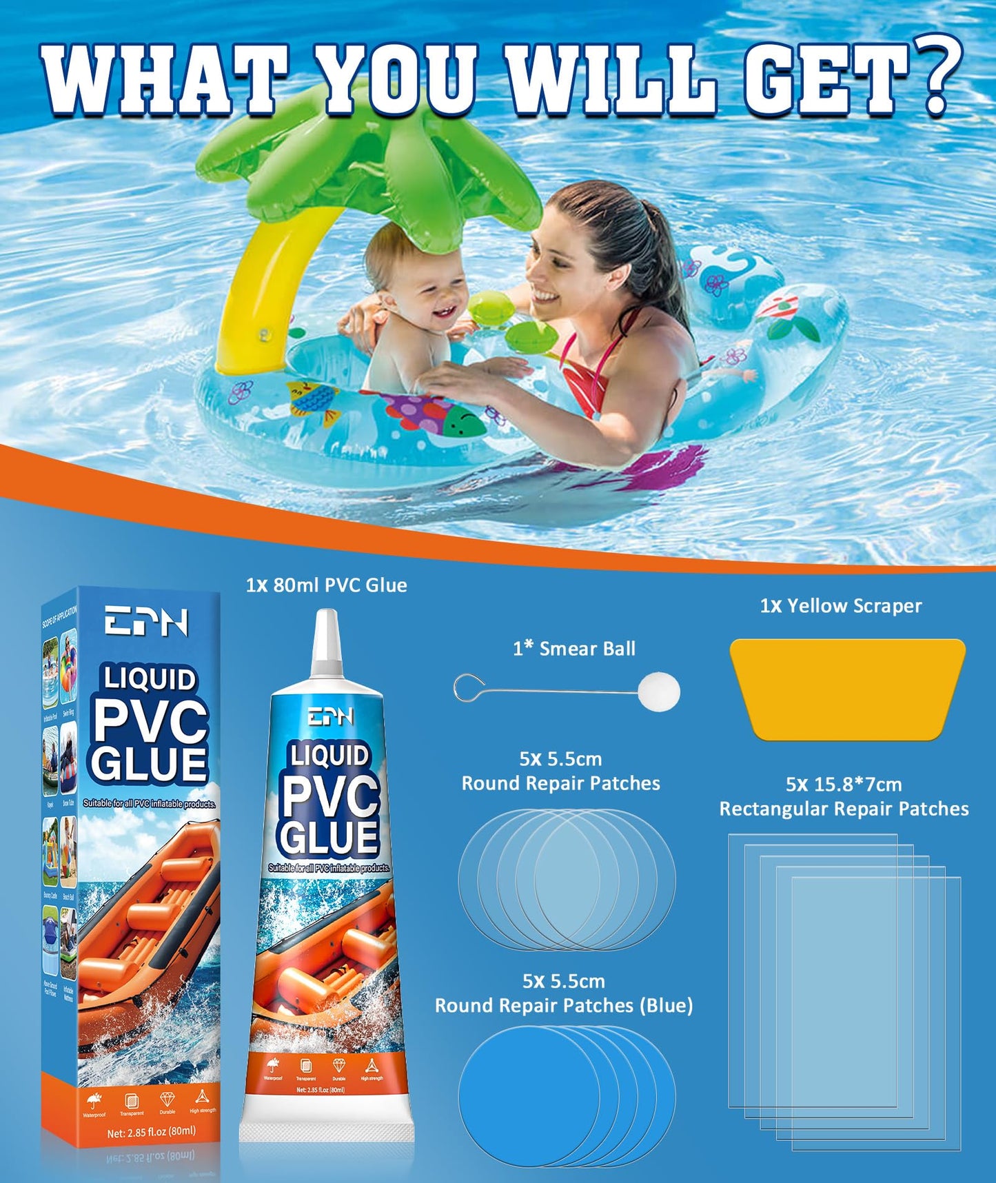 EPN Air Mattress Patch Kit, Waterproof Vinyl Pool Liner Repair Kit for Inflatables, Air Mattress, Swimming Ring, Tent, Bounce House, Inflatable Toys, Hot Tub, PVC Boat, Raft, Kayak (80ml*1)
