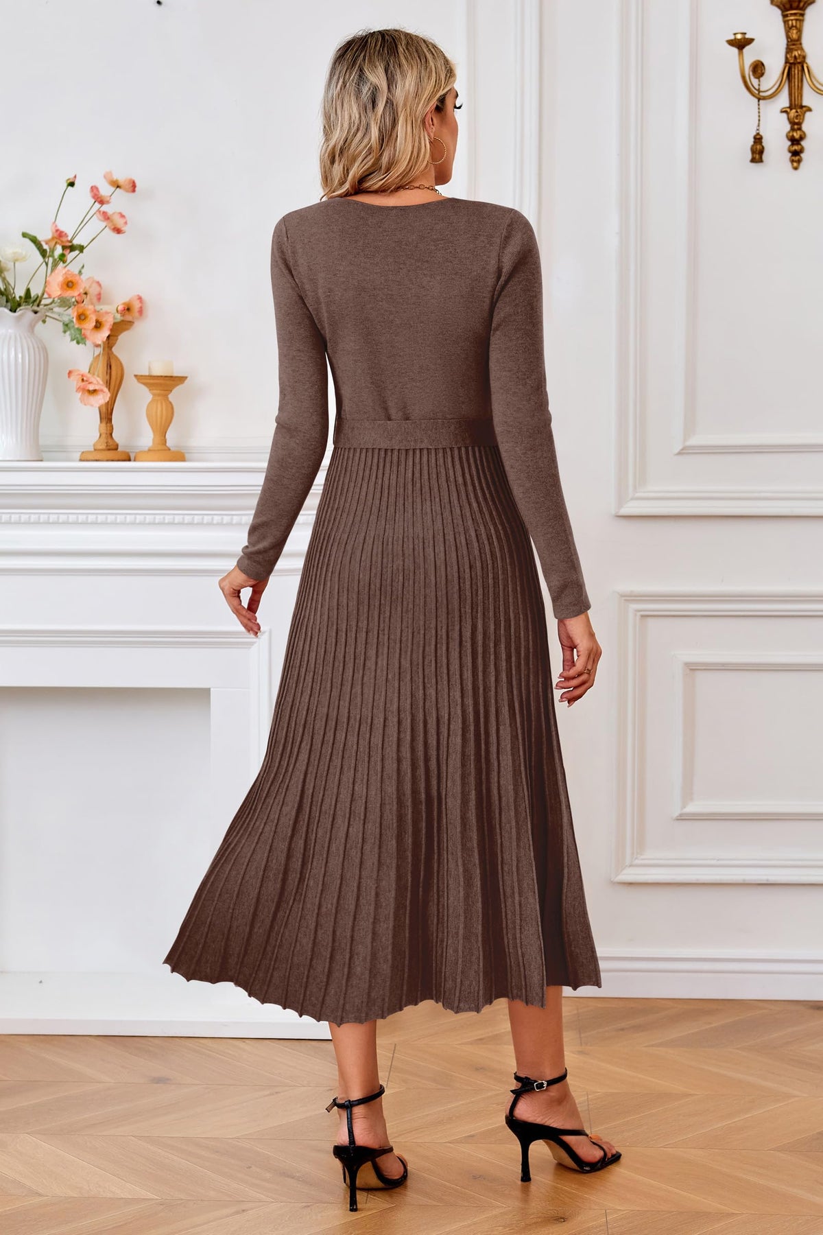 Arach&Cloz Women's Wool Blend Fall Long Sleeve Midi Sweater Dress Coffee L 🍁 All In One Marketplace Canada