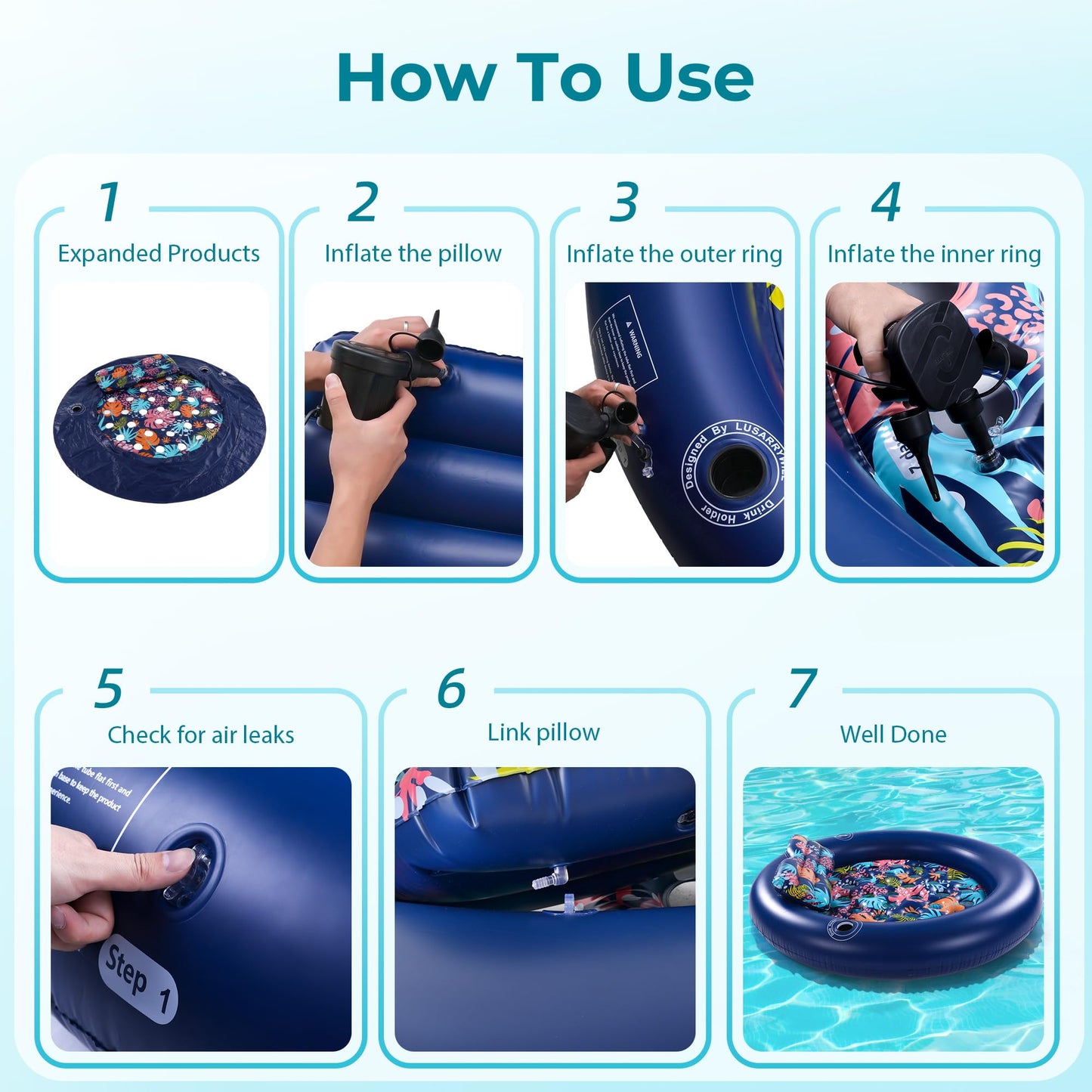 2-Person Pool Floaties for Adults Heavy Duty, Giant 75"X75" Inflatable Pool Matswith Canopy, Cup Holders, Detachable Headrest, Multi-Purpose Water Lounger for Pool Party, Lake, Beach, River, Outdoor