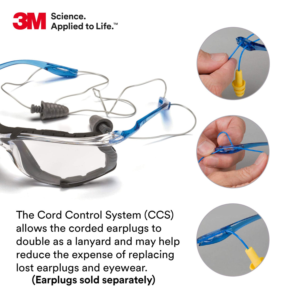 3M Safety Glasses, Virtua CCS, ANSI Z87, Anti-Fog, Clear Lens, Blue Frame, Corded Ear Plug Control System, Removable Foam Gasket