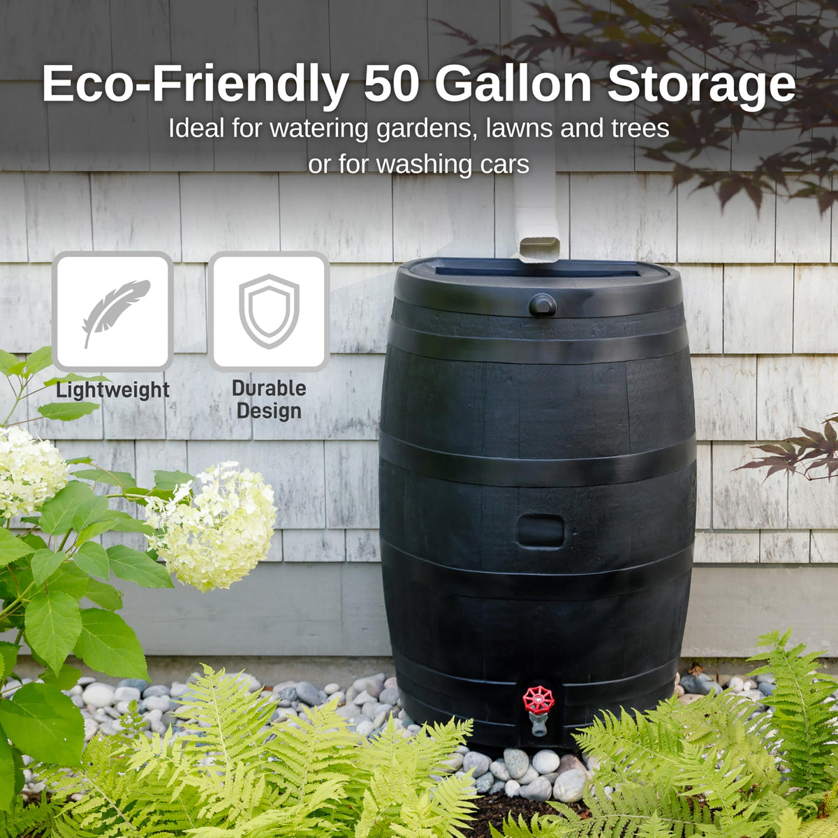 Récupérateur d'eau de pluie RTS Home Accents de 50 gallons (190 L) ECO fabriqué à partir de plastique 100 % recyclé, baril de collecte à dos plat, noir