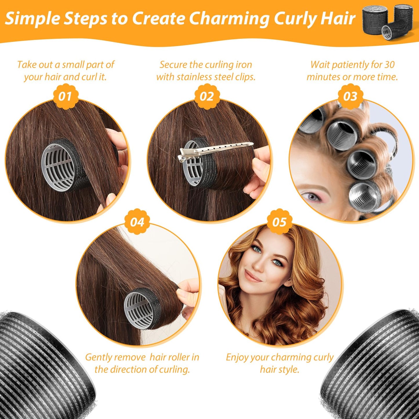 39PCS Self Grip Hair Rollers Curlers 3 Sizes Black Hair Roller 2.5in, 1.9in, 1.4in, Jumbo Hair Roller with 12PCS Duckbill Clips Hair Rollers for Long Medium Short Thick Fine Volume Bangs Hair - Available at All In One Marketplace Canada