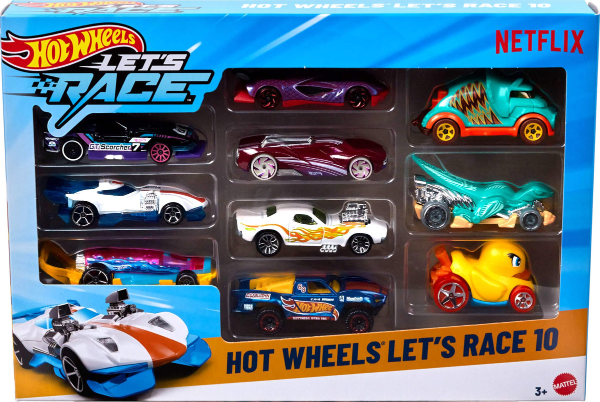Hot Wheels Toy Cars & Trucks, Let’s Race 10-Pack, Set of 10 1:64 Scale Vehicles from the Animated Netflix Show for Play or Display (Styles May Vary)