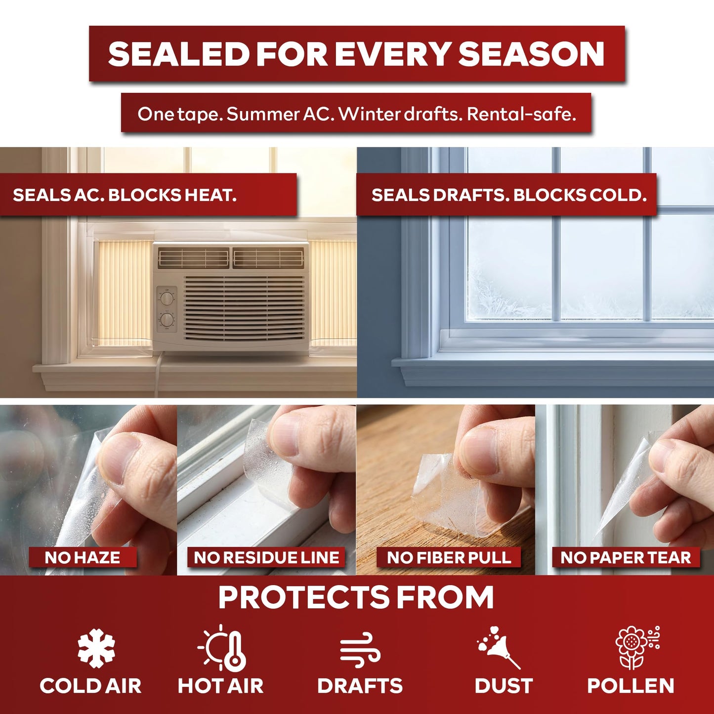 XFasten Transparent Window Weather Sealing Tape, 2-Inch x 30 Yards (50.8mm x 27.43m), Clear Window Draft Isolation Sealing Film Tape, No Residue