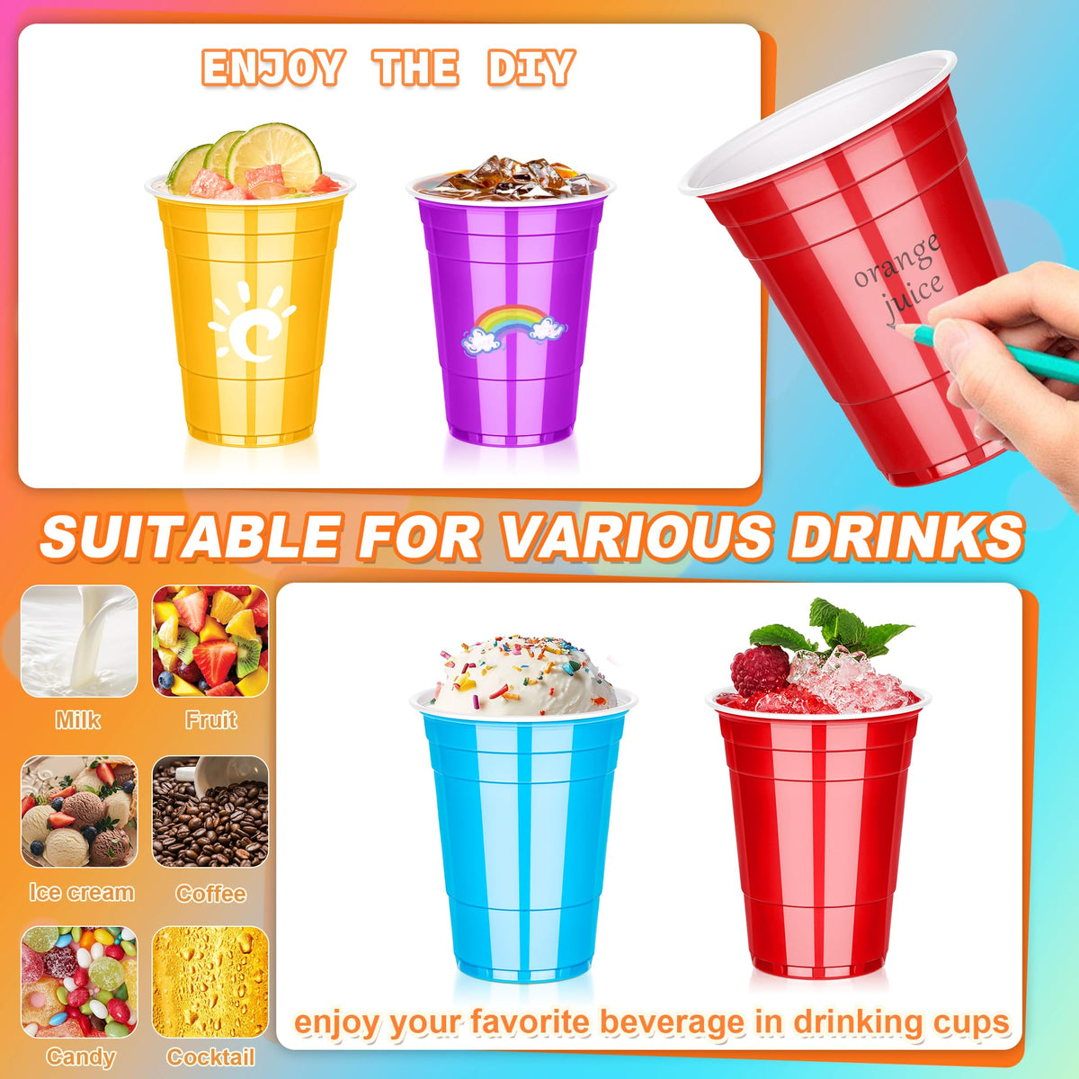 100 Pcs 16 Oz Disposable Plastic Cups, 4Color Party Drinking Cup for Picnic 🍁 All In One Marketplace Canada