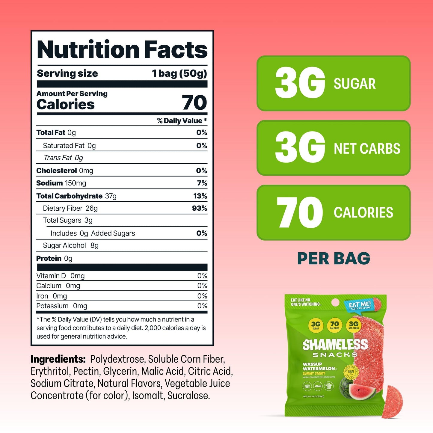 Shameless Snacks Wassup Watermelon Keto Gummies - Low Calorie, Low Carb, Gluten Free (6 Pack)