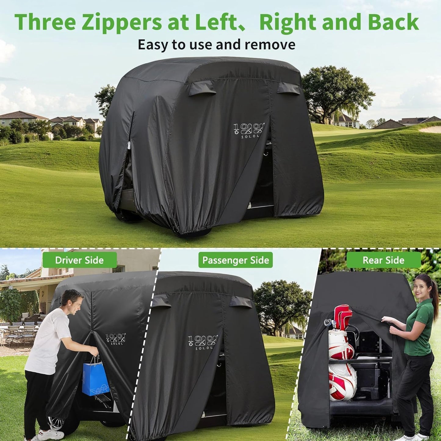 10L0L Universal 2-4 Passenger Golf Cart Cover for EZGO, Club Car and Yamaha, Waterproof Sunproof and Durable, Black - Available at All In One Marketplace Canada