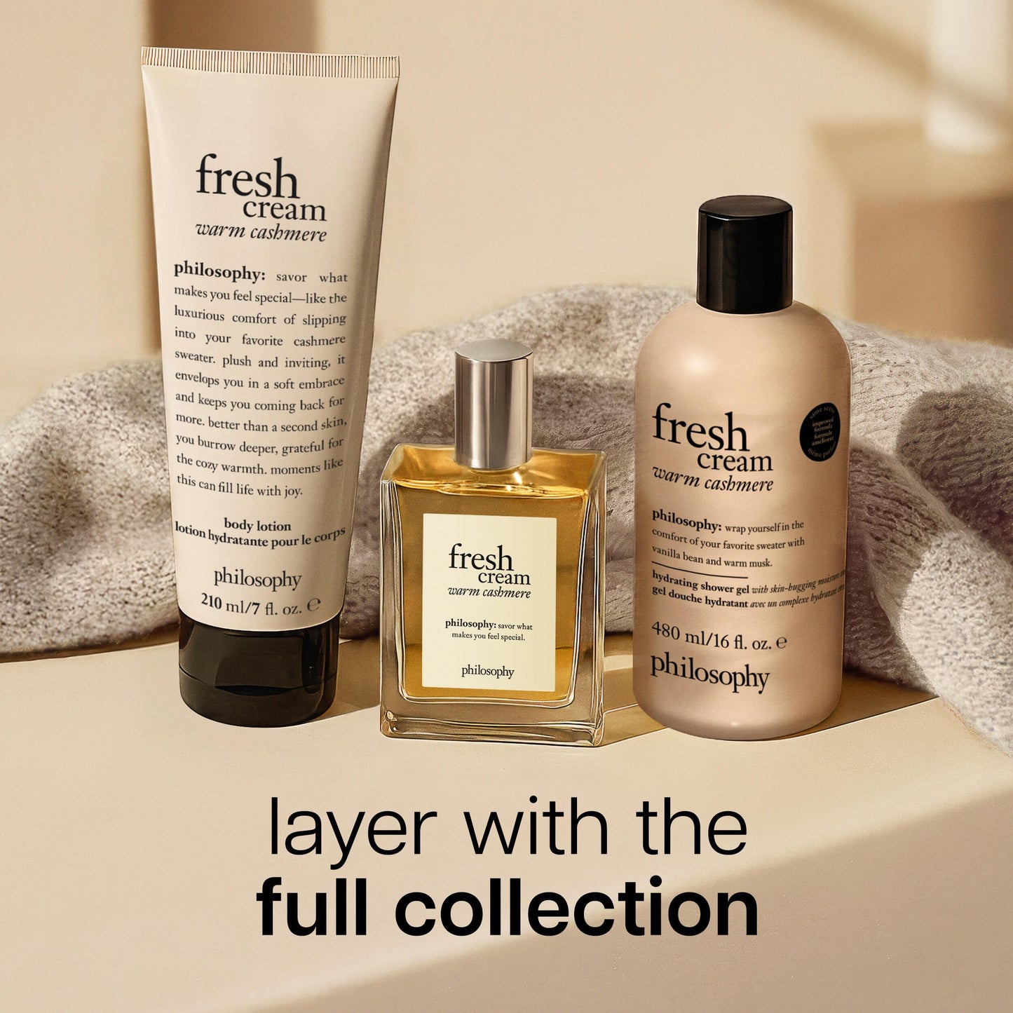philosophy fresh cream warm cashmere hydrating shower gel, cleanses, conditions, moisturizes skin,480ml philosophy