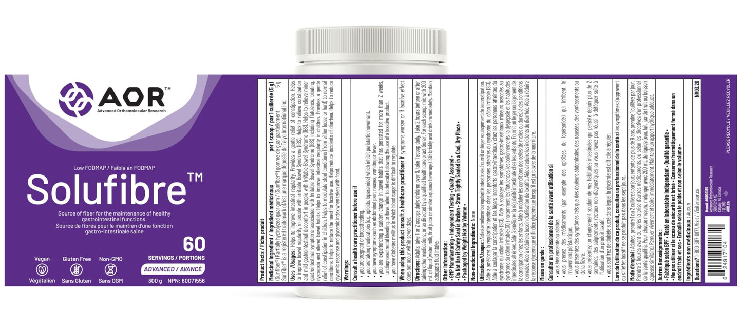 AOR - SoluFibre Powder, 300g 60-Servings - Partially Hydrolyzed Guar Gum Sunfiber for Digestive Comfort & Regularity - Vegan, Non-GMO & Gluten-Free - Gentle Prebiotic Fiber Supplement - Soluble Fiber - Available at All In One Marketplace Canada