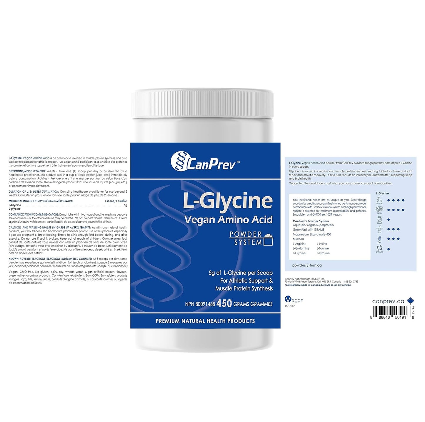 CanPrev L-Glycine Vegan Amino Acid Powder 450g – 90 Servings – Pure 5g Glycine for Active Lifestyle, Daily Calm & Recovery – Proudly Canadian-Made - Available at All In One Marketplace Canada