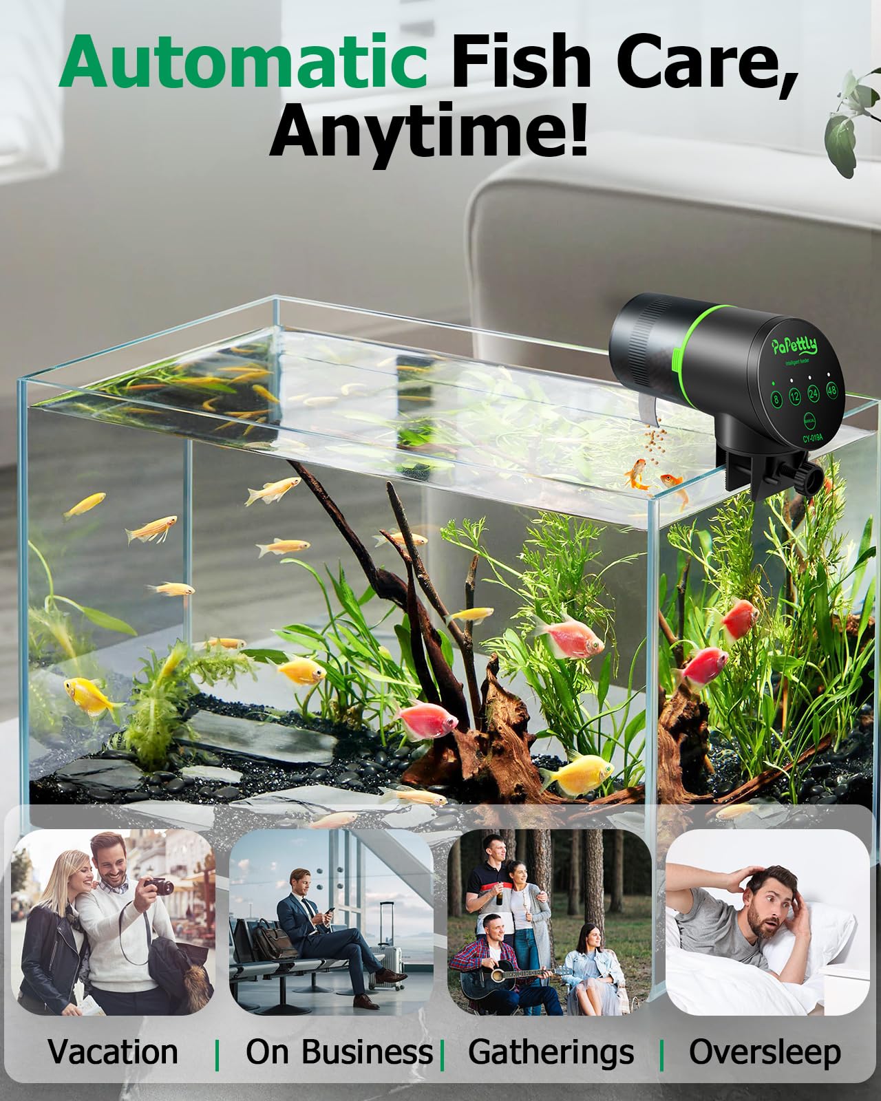 Papettly Automatic Fish Feeder for Aquarium - Battery Operated Auto Fish Food Dispenser for Fish Tank, 200ml Auto Timer Aquarium Tank Turtle Feeder, with 2 AAA Batteries and Fish Feeder Ring