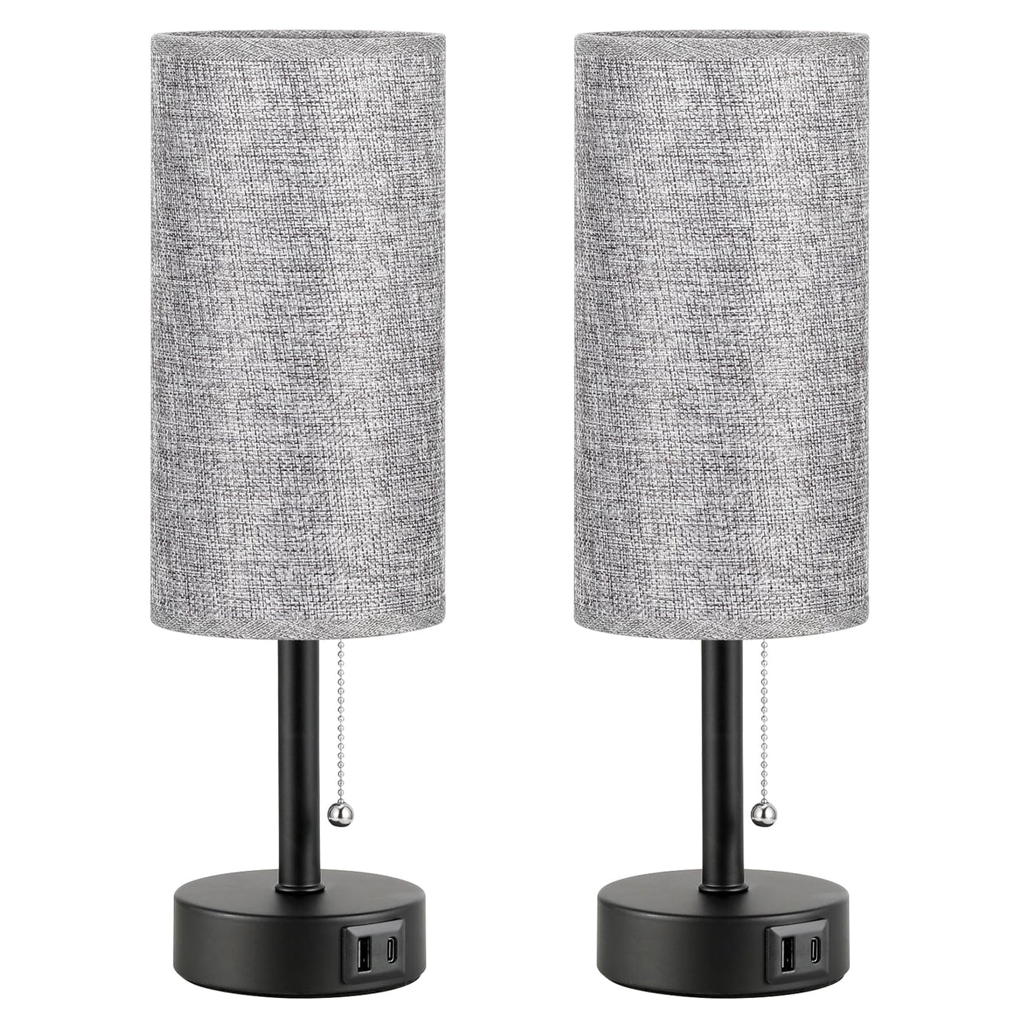 Grey Bedside Lamp for Bedroom Set of 2 - Nightstand Table Lamp with USB A + C Charging Port, 3 Color Temperatures Pull Chain Night Stand Light with Bulb, Side Table Desk Reading Lamp for Living Room - Available at All In One Marketplace Canada