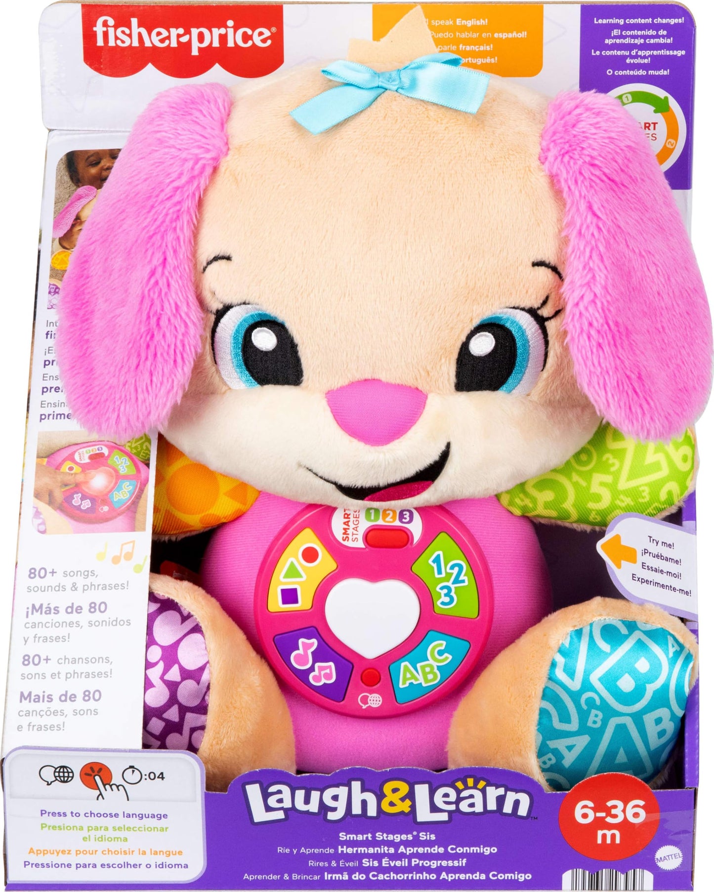 Fisher-Price Baby Learning Toy Laugh & Learn Smart Stages Sis Pink Musical Plush with Smart Stages for Infants Ages 6+ Months, Multilanguage Version - Available at All In One Marketplace Canada