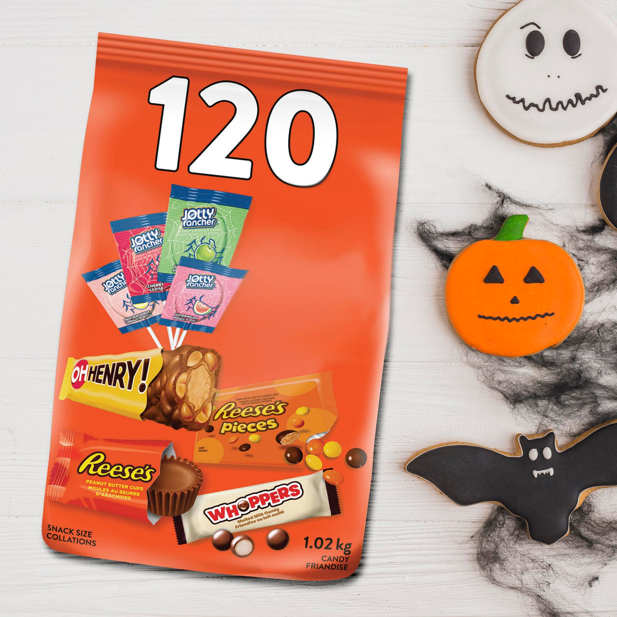 HERSHEY’S Assorted Halloween Candy Variety Bag – 120 Count, 1.18 kg, Individually Wrapped Bulk Mix for Trick‑or‑Treat, Bags & Bowl (REESE’S, OH HENRY!, WHOPPERS, JOLLY RANCHER)