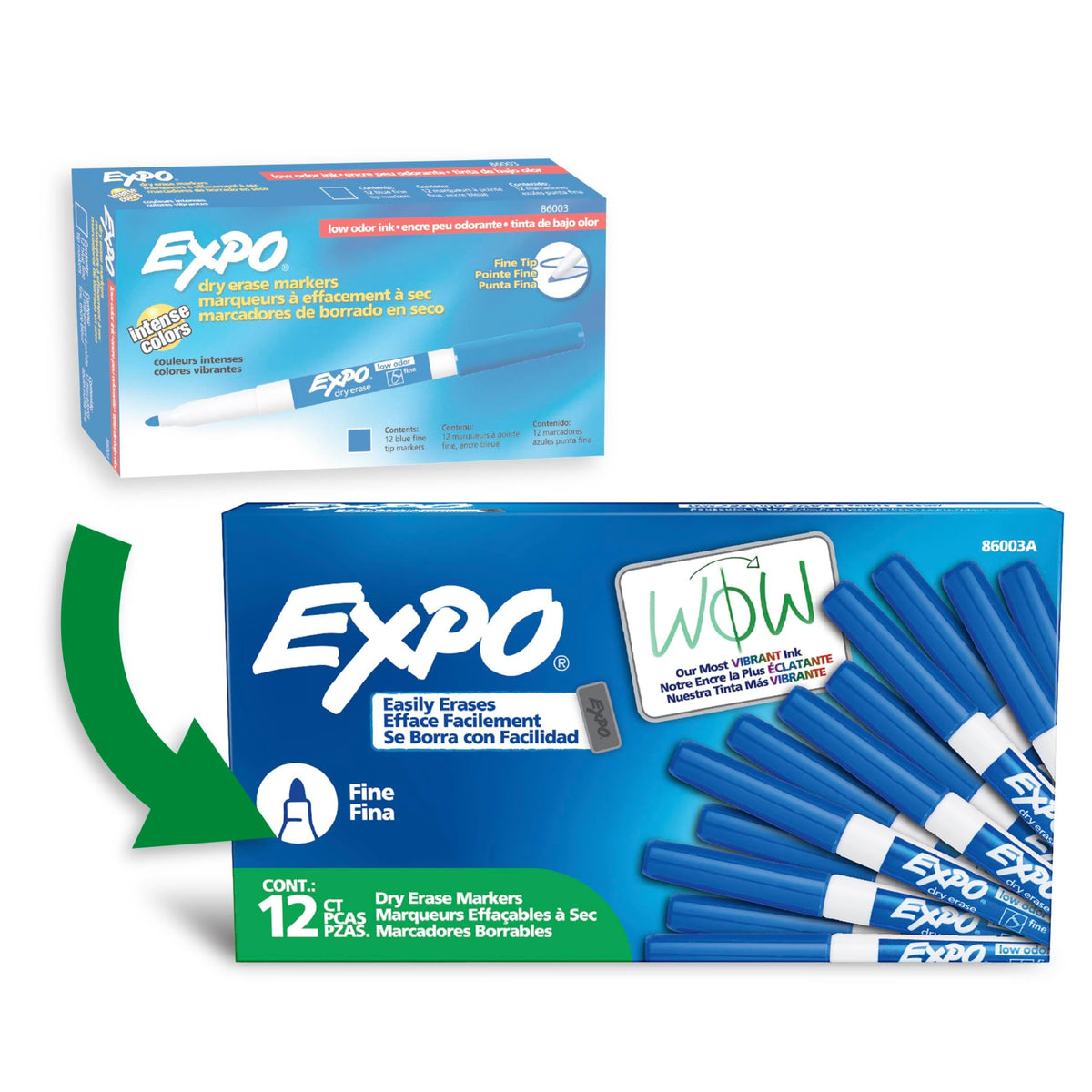 EXPO Dry Erase Markers, Low Odour Ink, Blue, Fine Tip, 12 Count