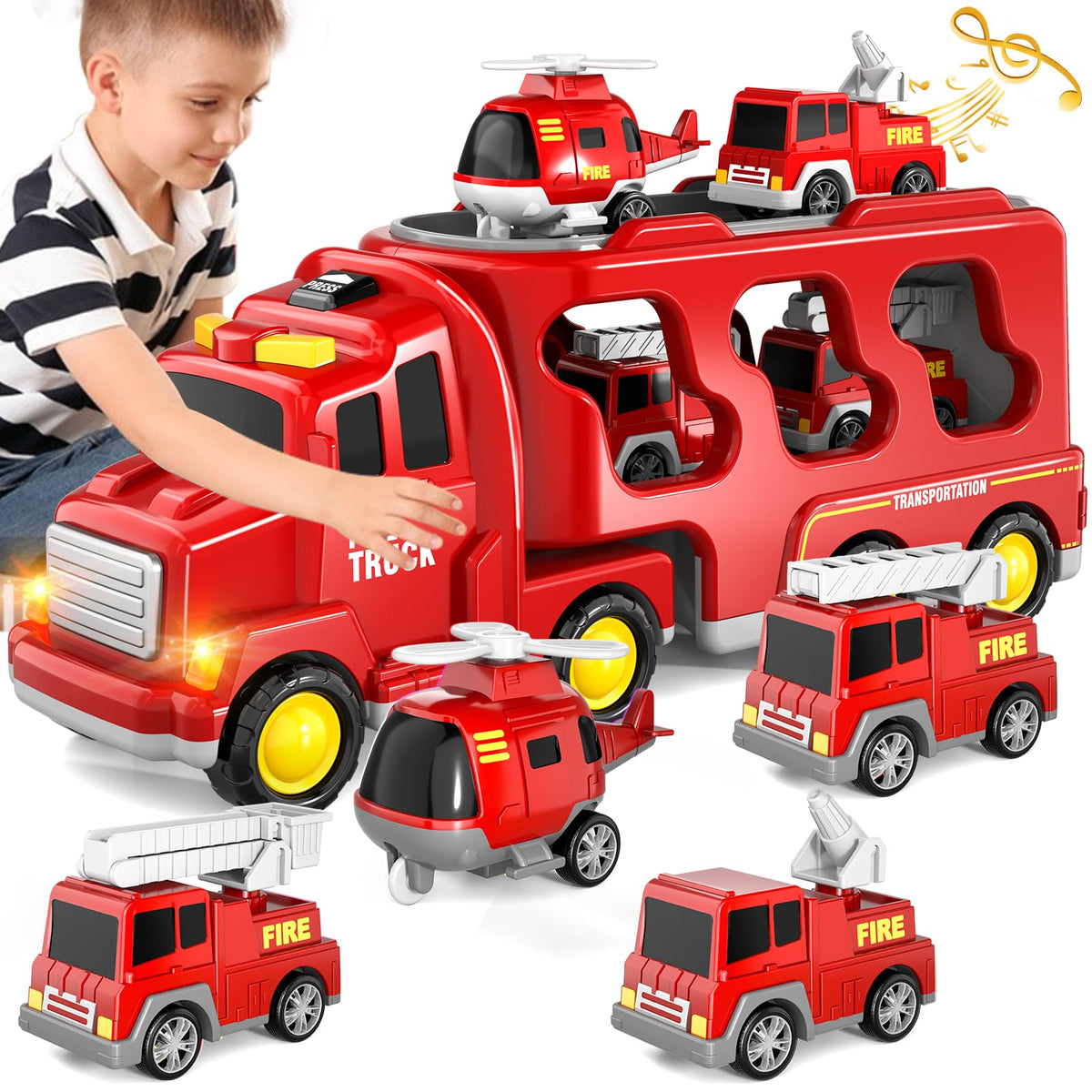 Fire Trucks Toddler Toys for 1-3 3-5 Year Old Boy, 5-in-1 Fire Car Truck Toy for Toddler Girls Age 1 2 3 4 5 6, Christmas Birthday Gift Car Truck Sets with Light Sound 🍁 All In One Marketplace Canada