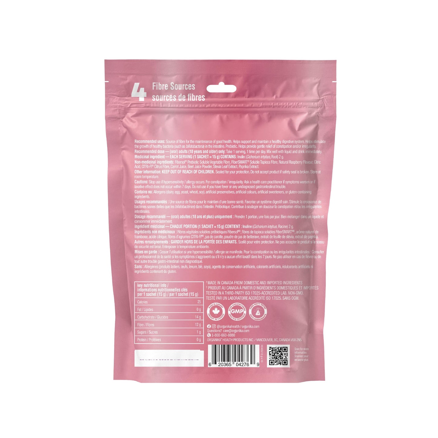 Organika Canadian-Made Belli Bliss Fibre | High Fibre Blend, 4 Diverse Sources of Fibre | Supports Digestive Health, Constipation Relief, Weight Control - Raspberry, 10 x 15g sachets 🍁 All In One Marketplace Canada