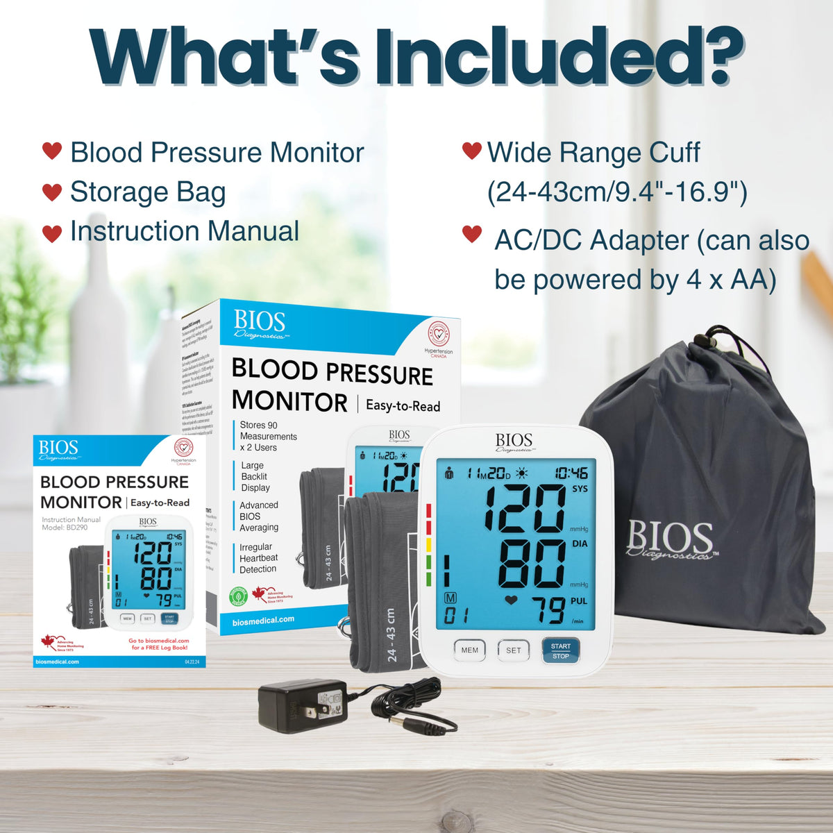 BIOS Diagnostic Blood Pressure Monitor - Accurate Readings, Large, Backlit Display, Easy to Use, Irregular Heartbeat Detector, 2 Users, 90 memory, Home Use, The #1 Canadian Blood Pressure Manufacturer*