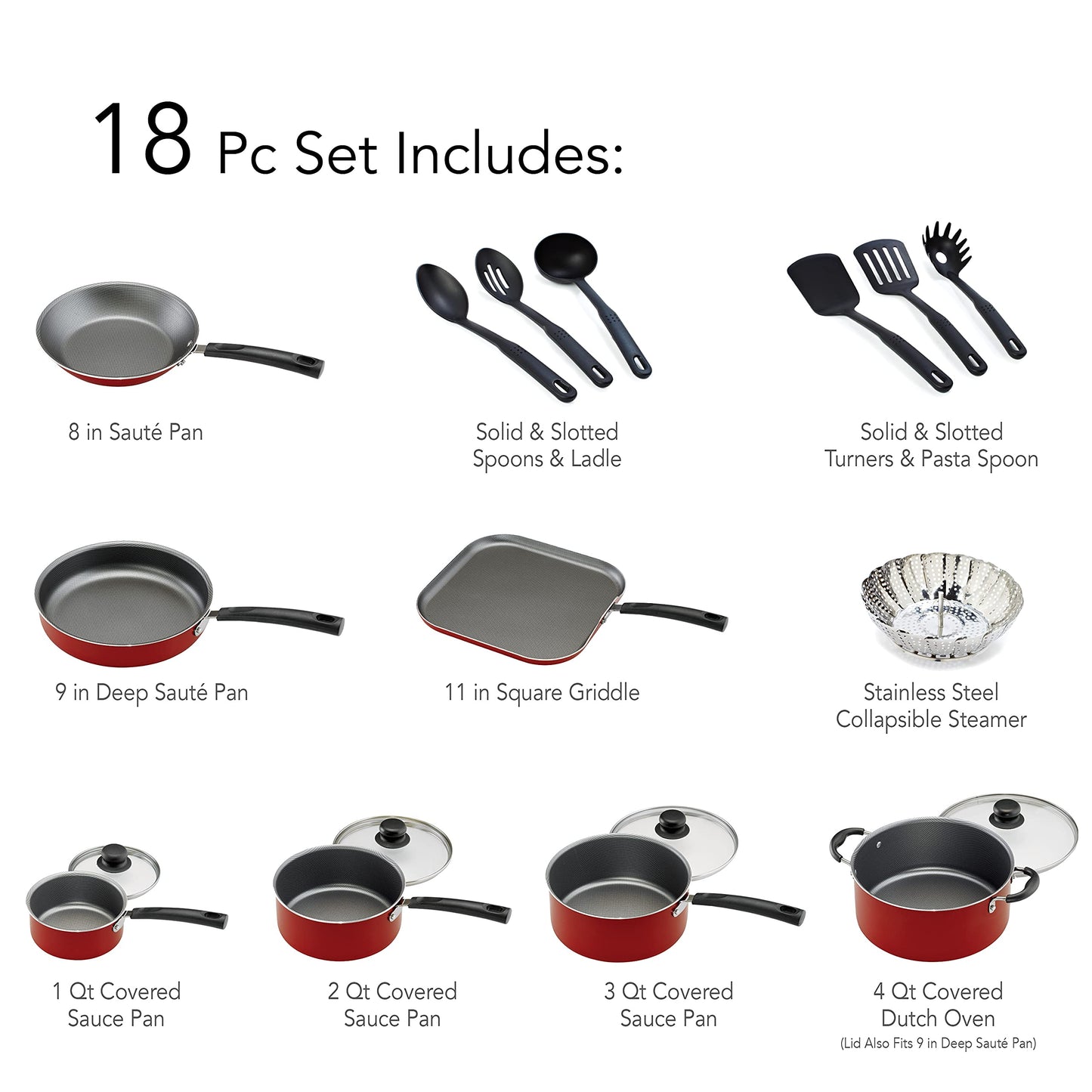 Tramontina PrimaWare 18 Pc Aluminum Nonstick Cookware Set, Red Tramontina