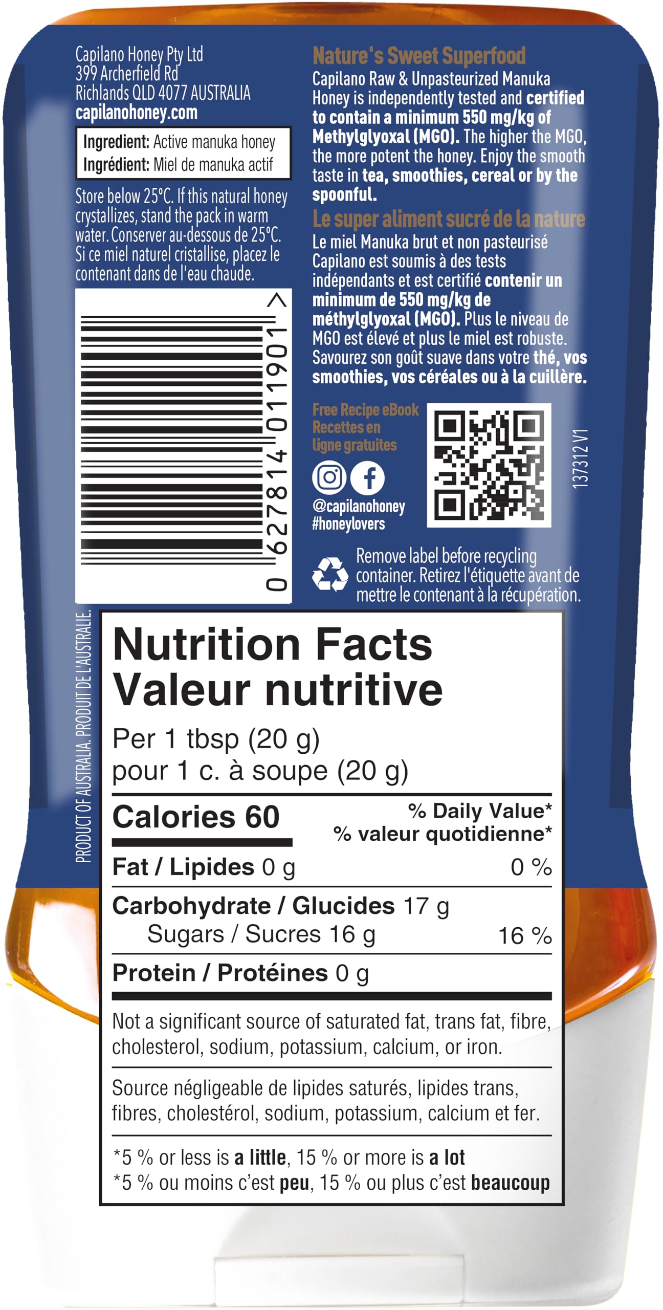 Capilano Active Manuka Honey MGO550+ – 250g Pure Australian Premium