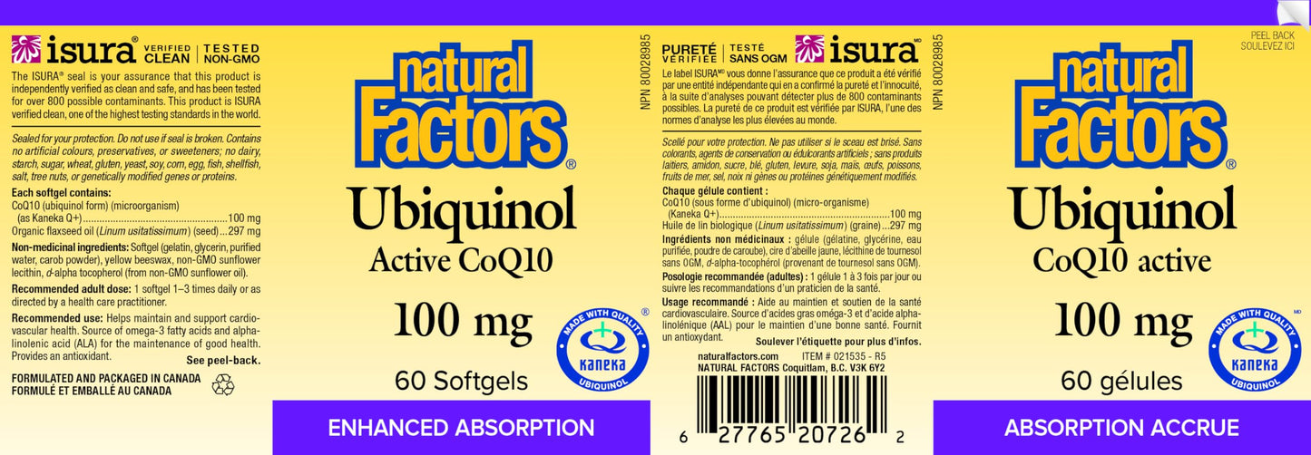 Natural Factors Ubiquinol Active CoQ10 100 mg, 60 Softgels, Supports Cardiovascular Health, Proudly Canadian - Available at All In One Marketplace Canada