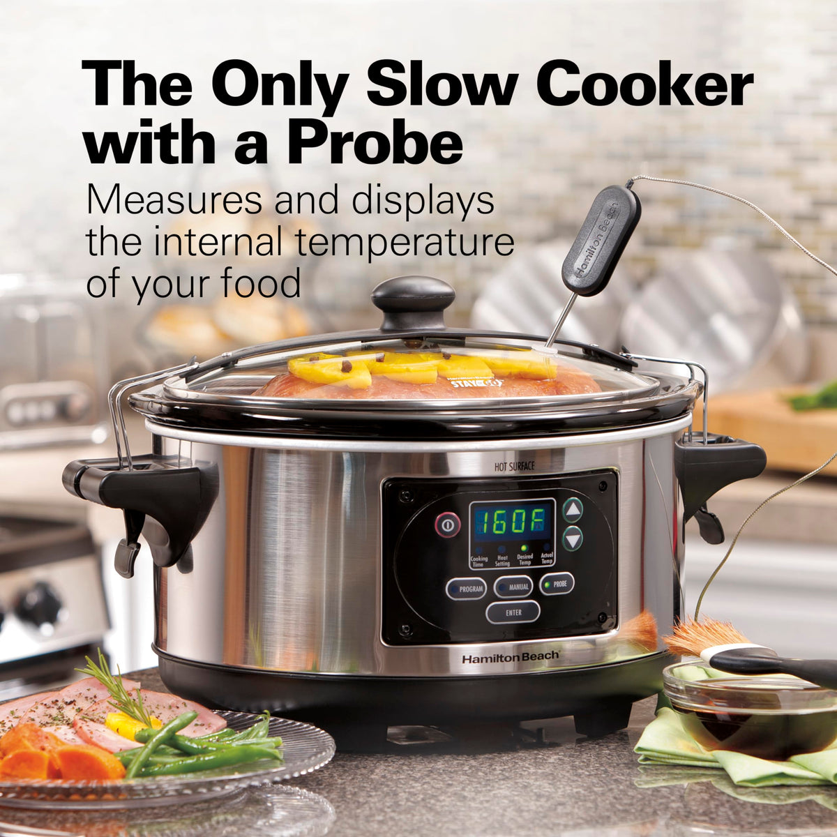 Hamilton Beach Set & Forget Programmable Slow Cooker, 6 Quart (5.7 L), Stainless Steel, Temperature Probe, Lid Lock for Travel, Dishwasher Safe Crock & Lid, Model 33969AG