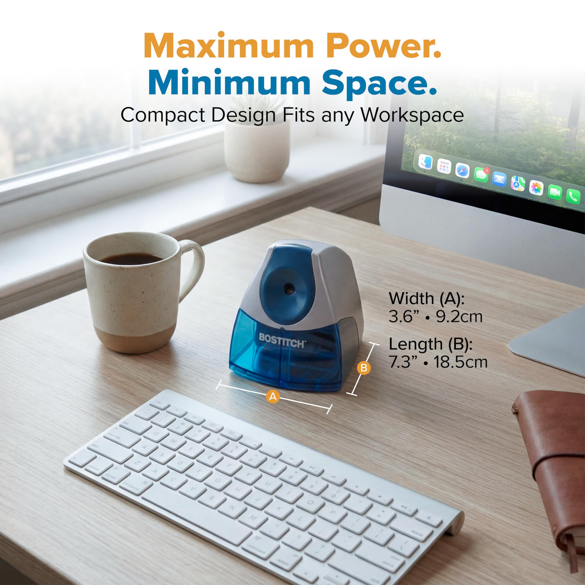 Bostitch Office Personal Electric Pencil Sharpener, Powerful Stall-Free Motor, High Capacity Shavings Tray, Blue