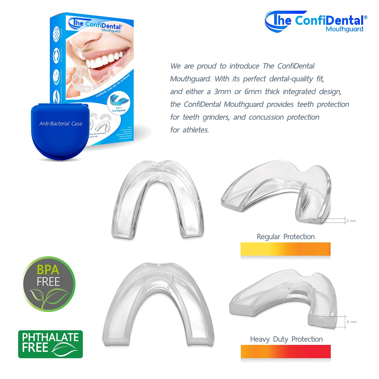 The ConfiDental - Moldable Mouth Guard for Teeth Grinding Clenching Bruxism Sport Athletic Whitening Tray Pack of 5 Including 3 Regular and 2 Heavy Duty Guard (3 (Ill) Regular 2 (ll) Heavy Duty)