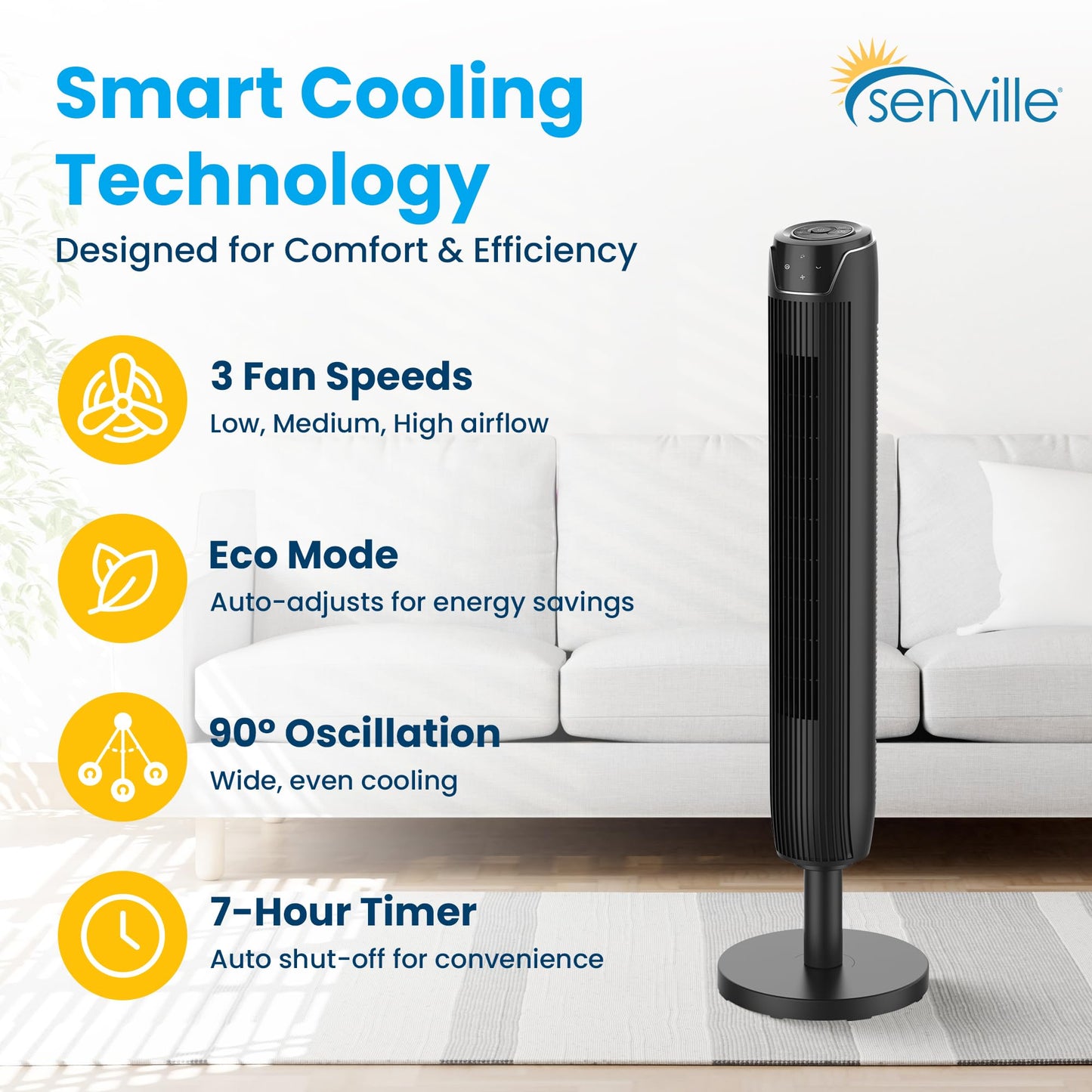 Senville 42" Oscillating Tower Fan for Bedroom, Remote, Bladeless, Quiet, 3 Modes, 7-Hour Timer, LED Display, Black