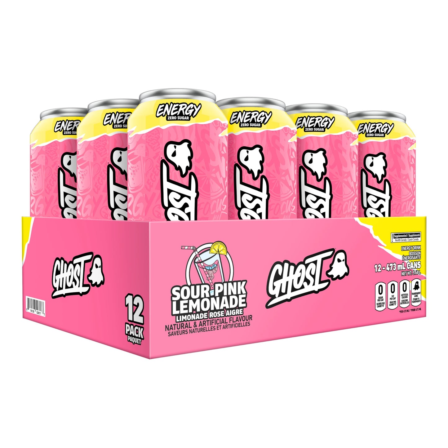 Ghost Energy Drink, Sour Pink Lemonade Flavour, Pack of 12 Cans 🍁 All In One Marketplace Canada