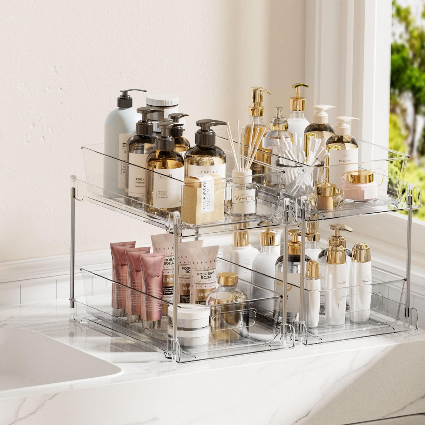 2 Tier Bathroom Organizer, Vtopmart 2 Pack Clear Under Sink Organizers Vanity Counter Storage Container, Medicine Cabinet Drawers Bins, Pull-Out Organization with Track for Pantry, Kitchen