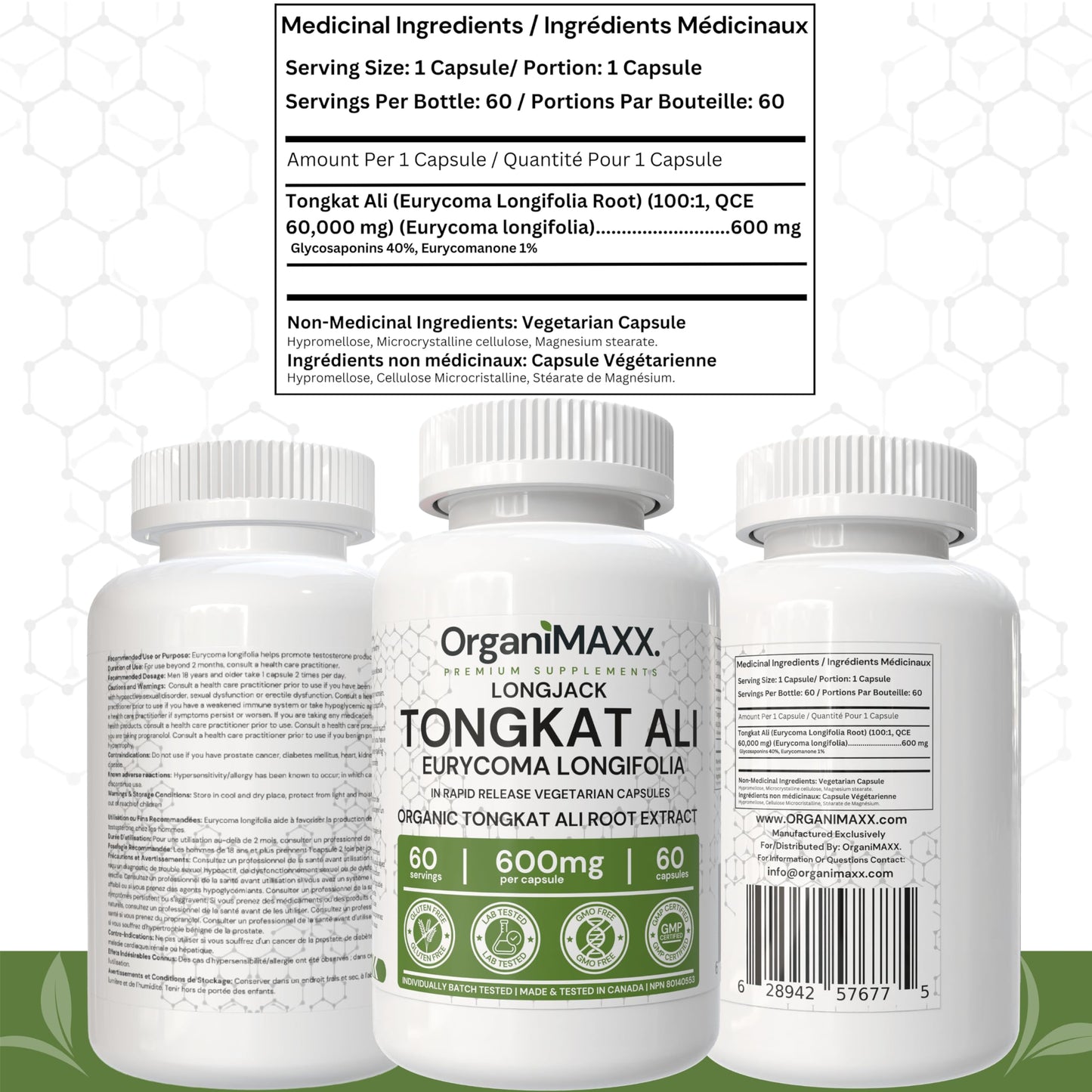 6X Strength Tongkat Ali 600 MG PER SINGLE CAPSULE 60,000 MG Equivalent 100:1 Extract Ratio Highest Potency, OrganiMAXX Longjack Eurycoma Longifolia Non-GMO Premium Tongkat Ali Supplement For Men. - Available at All In One Marketplace Canada