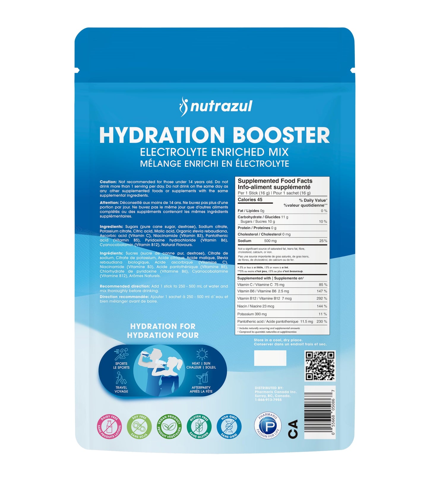 Nutrazul Hydration Booster, Electrolytes Powder Sticks with Sodium, Potassium, Vitamin B6 & B12, No Artificial Sweeteners, Acai Berry, Lemon Lime, Passion Fruit Flavour, 30 Sticks - Available at All In One Marketplace Canada